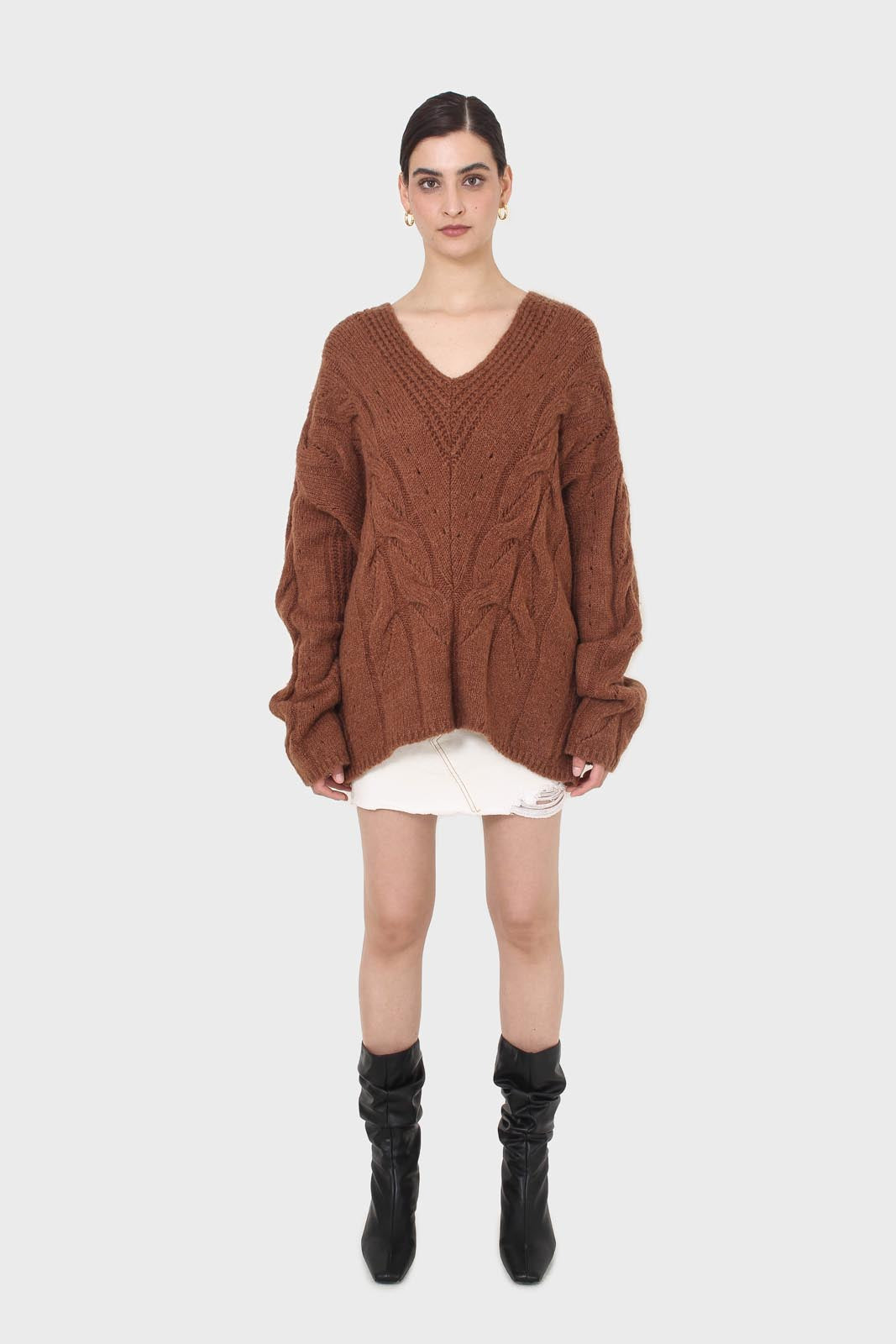 Brown deep V-neck cableknit oversized jumper_4