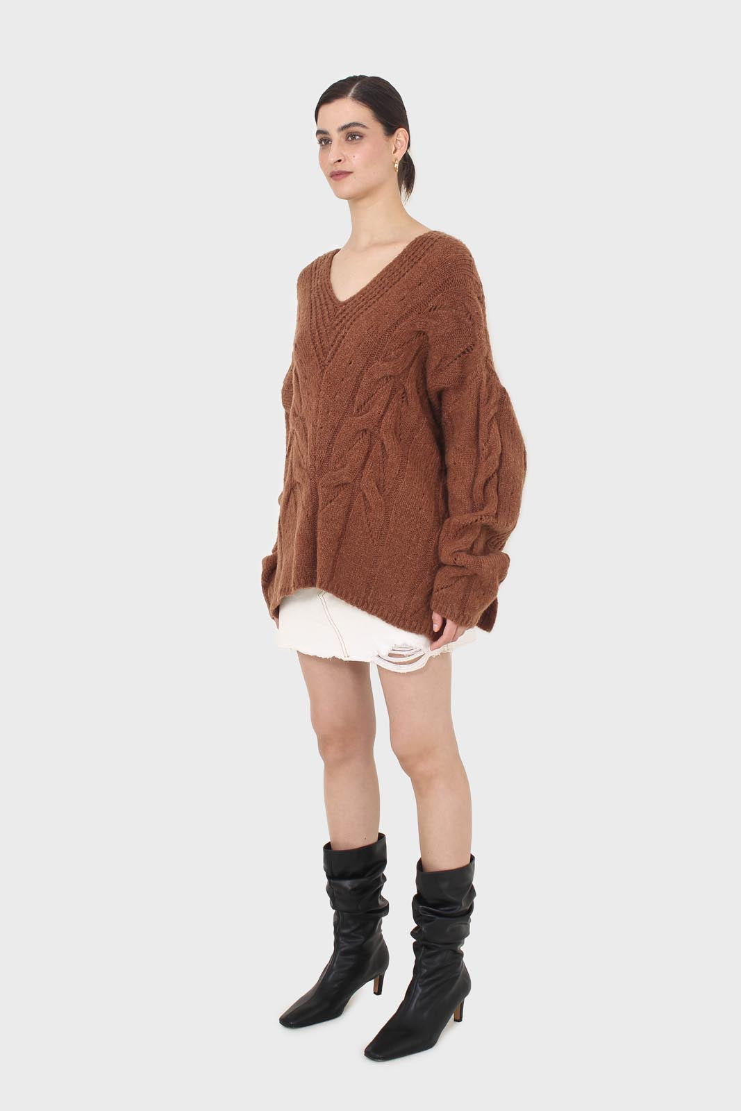 Brown deep V-neck cableknit oversized jumper_5