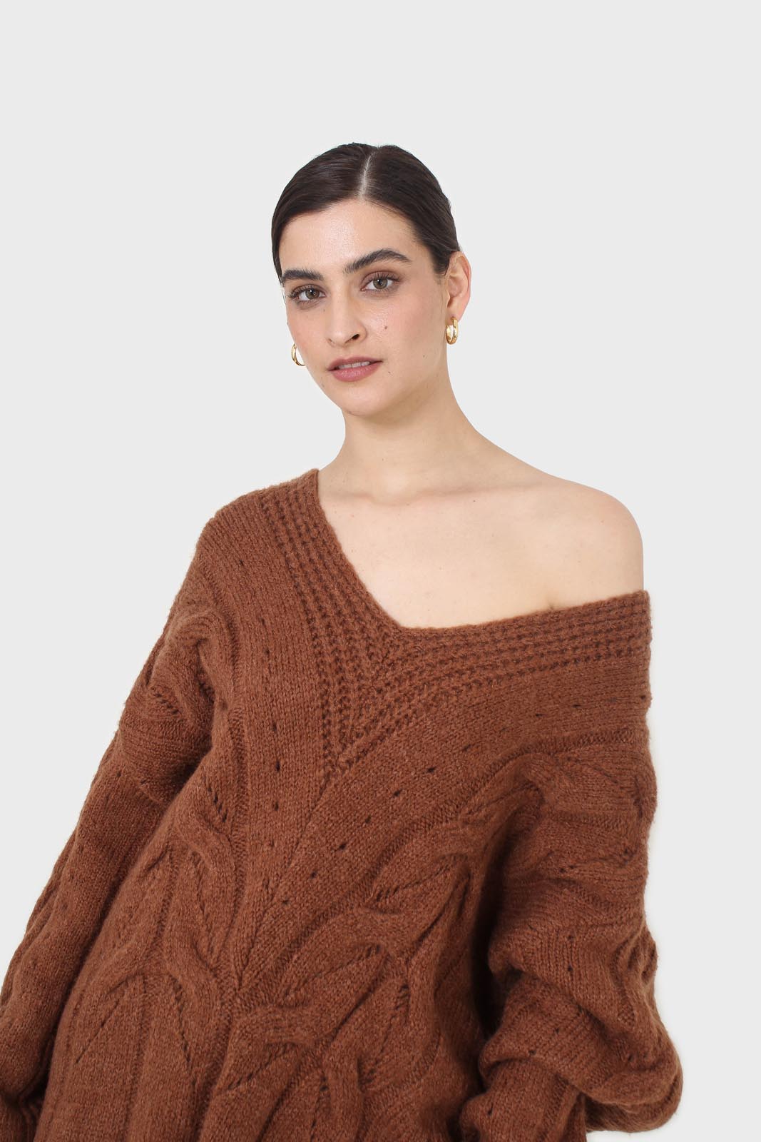 Brown deep V-neck cableknit oversized jumper_8
