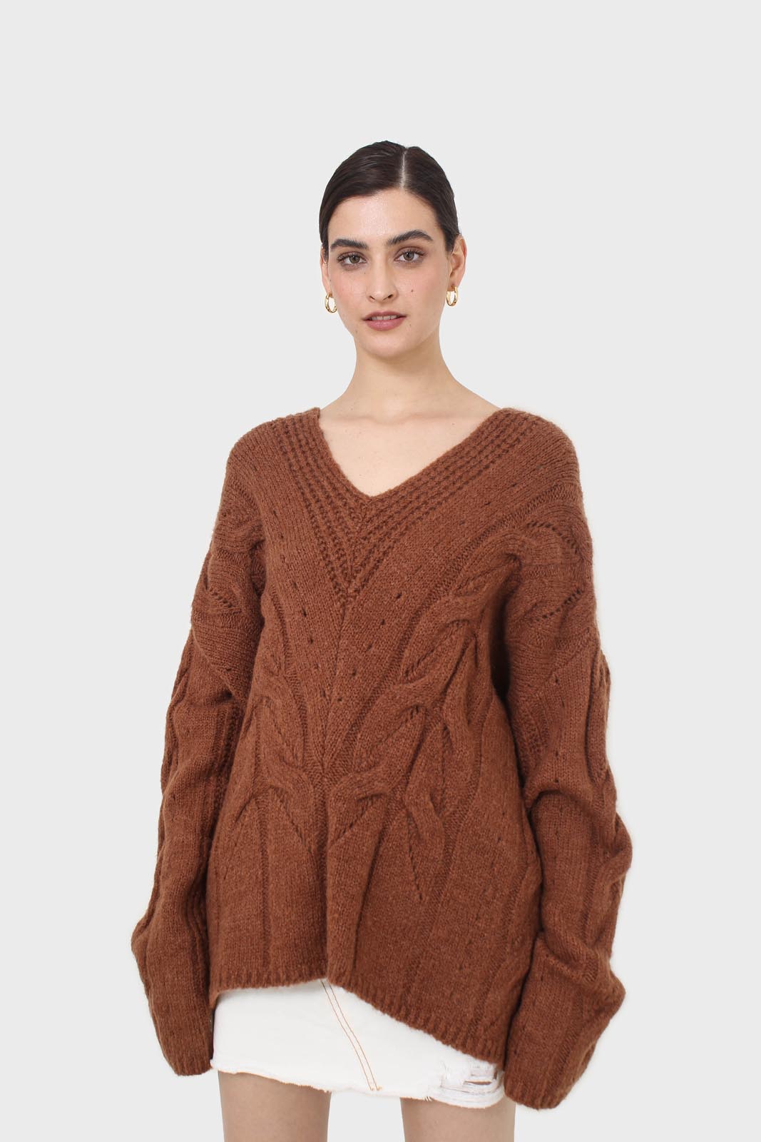 Brown deep V-neck cableknit oversized jumper_1