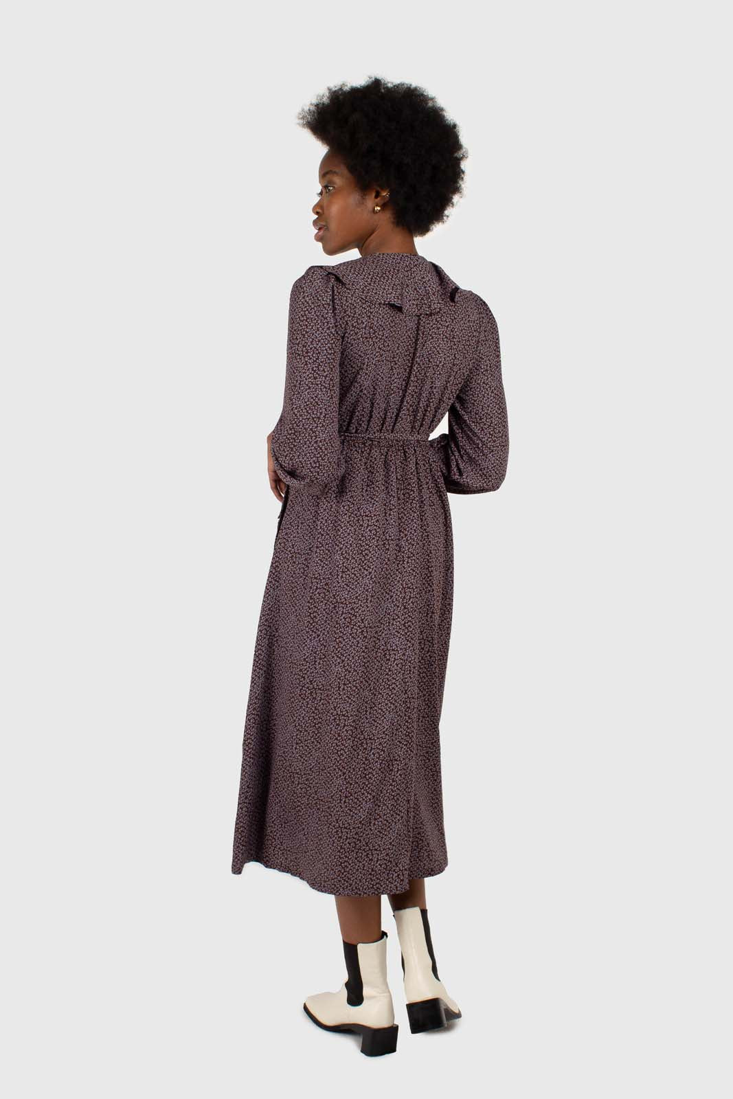 Brown and blue floral ruffle v-neck long sleeved maxi dress_7