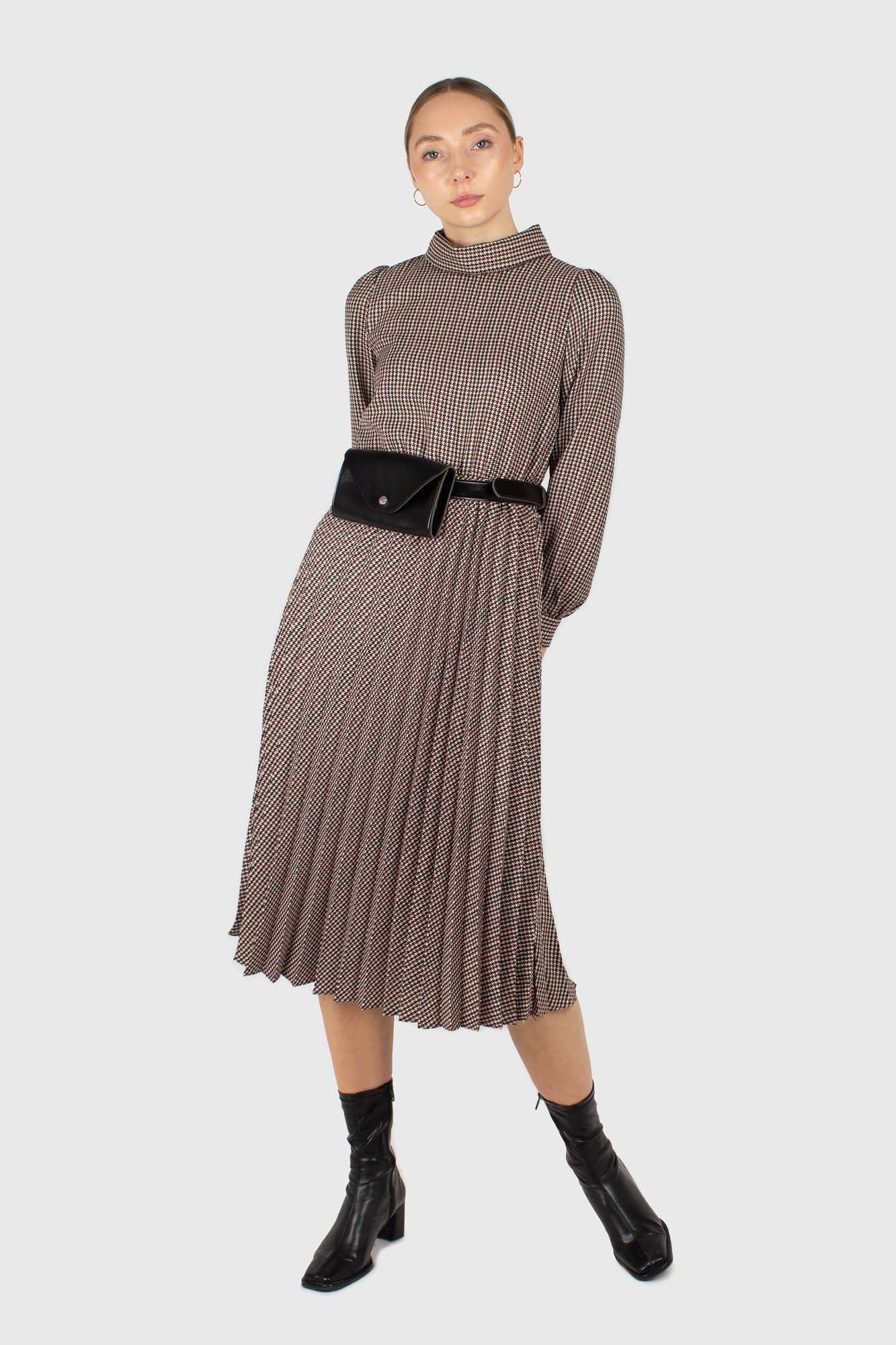 Black and burgundy houndstooth wool belted dress_1