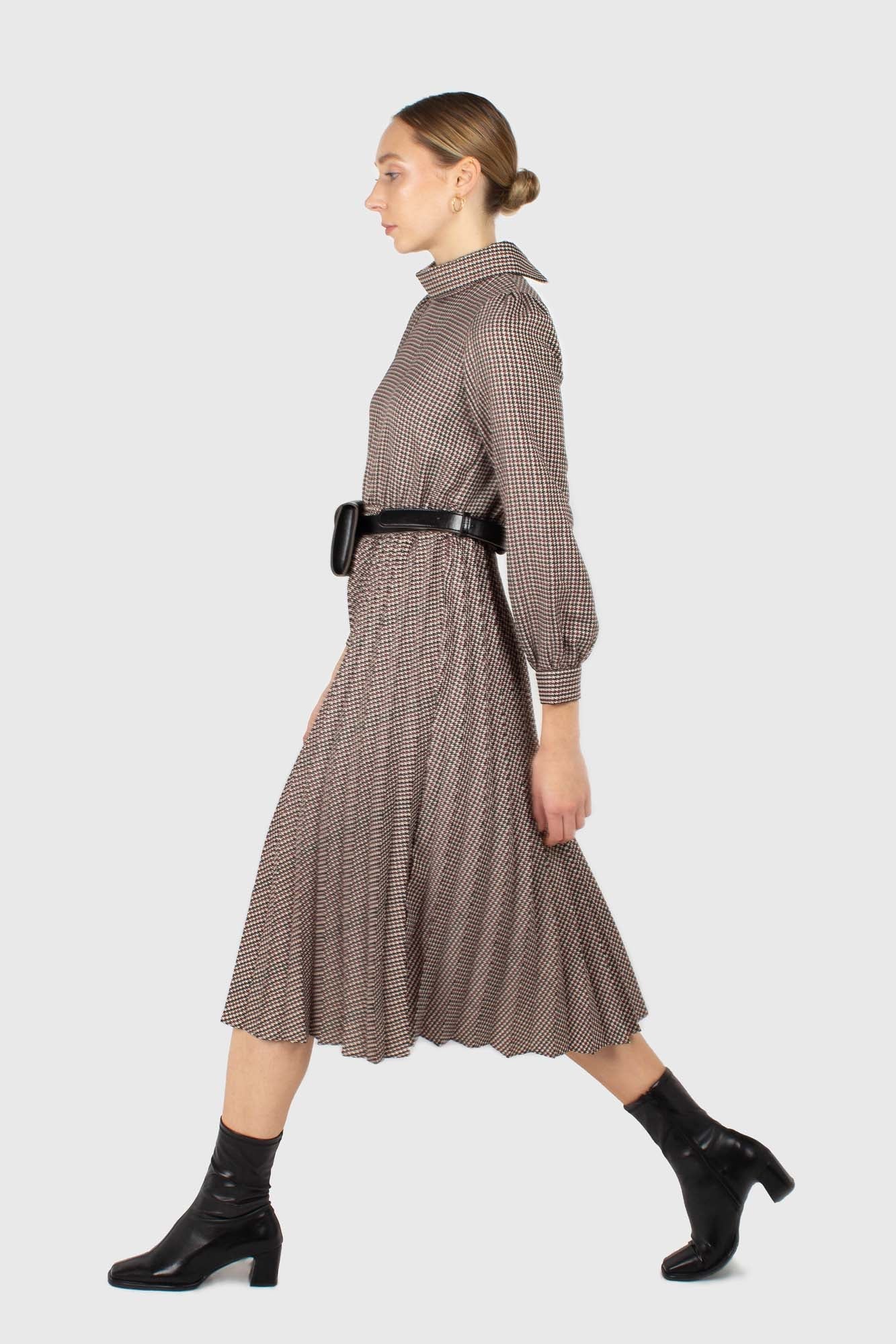 Black and burgundy houndstooth wool belted dress_3