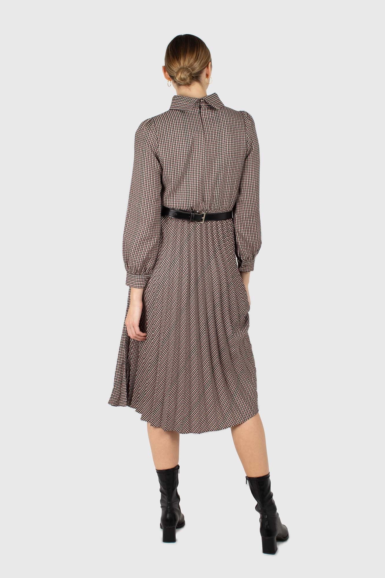 Black and burgundy houndstooth wool belted dress_4