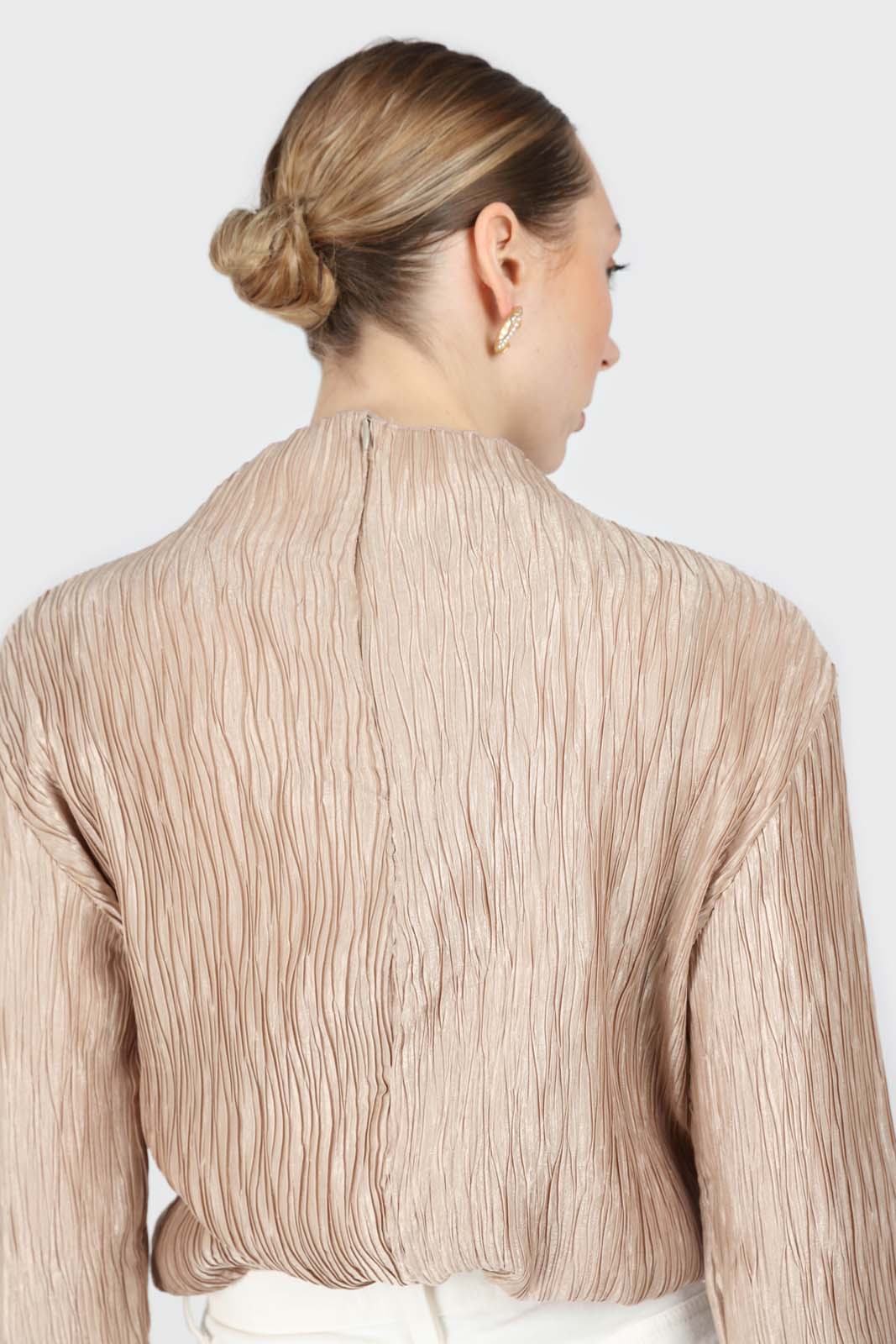 Beige shiny wrinkle mock neck long sleeved top_2
