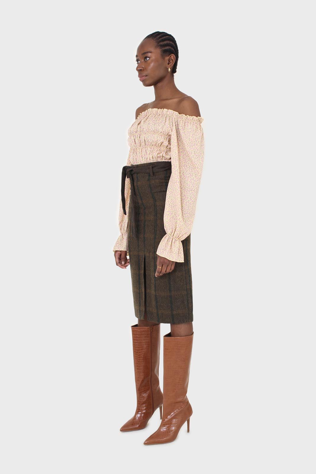 Khaki check belted wool midi skirt_7