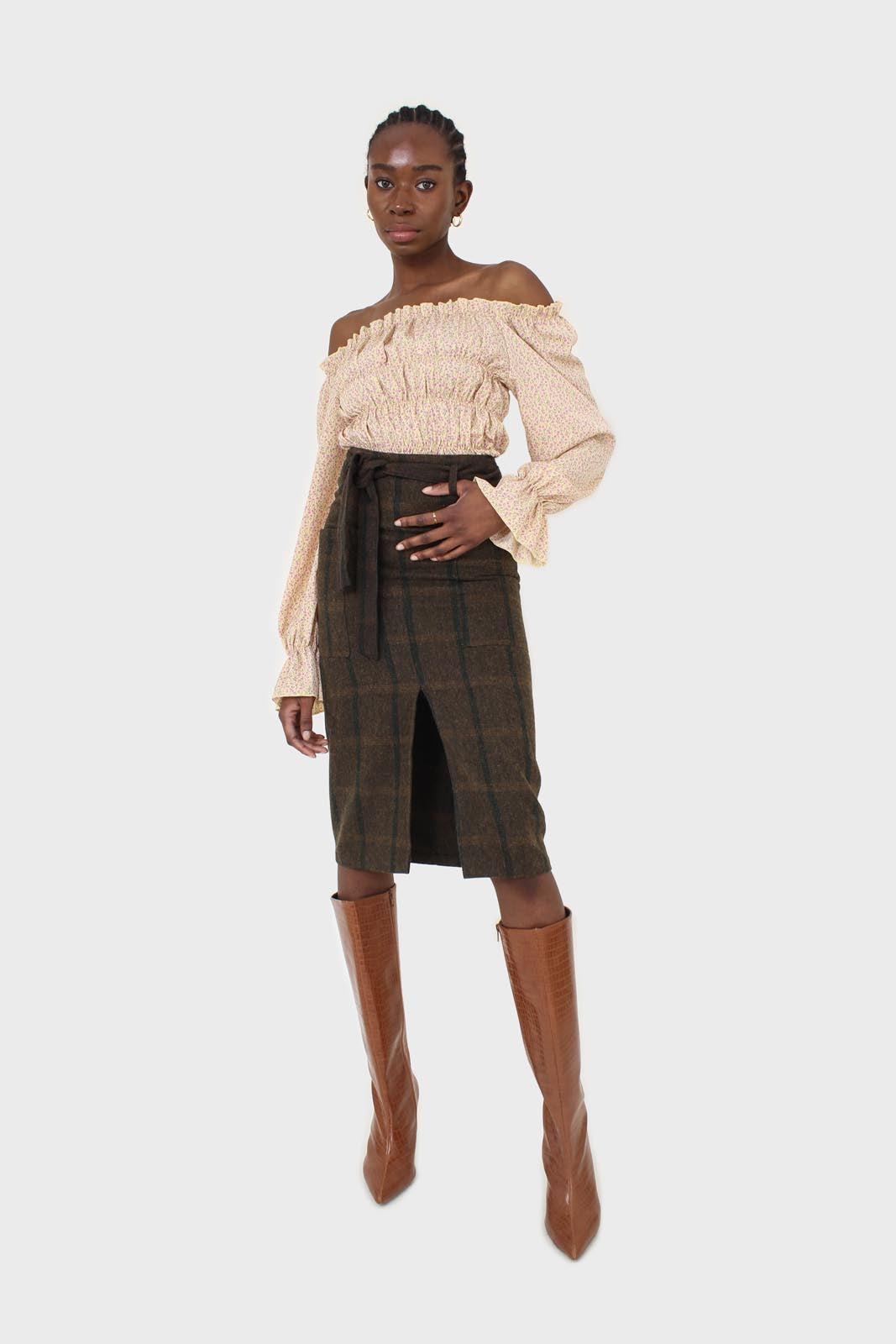 Khaki check belted wool midi skirt_2