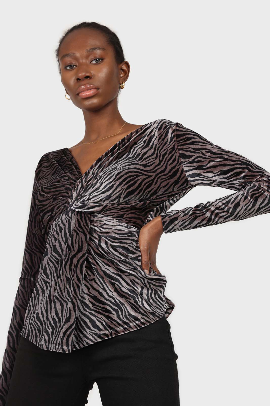 Grey and black zebra twist front off shoulder top_5