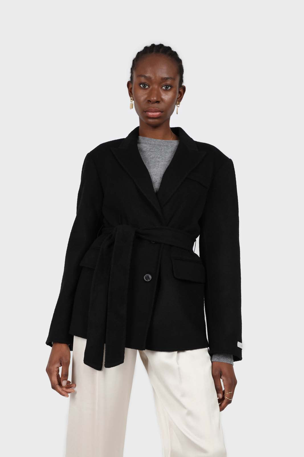 Black wool handmade tailored belted half coat_1