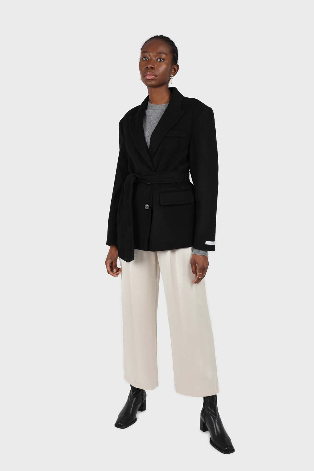 Black wool handmade tailored belted half coat_2