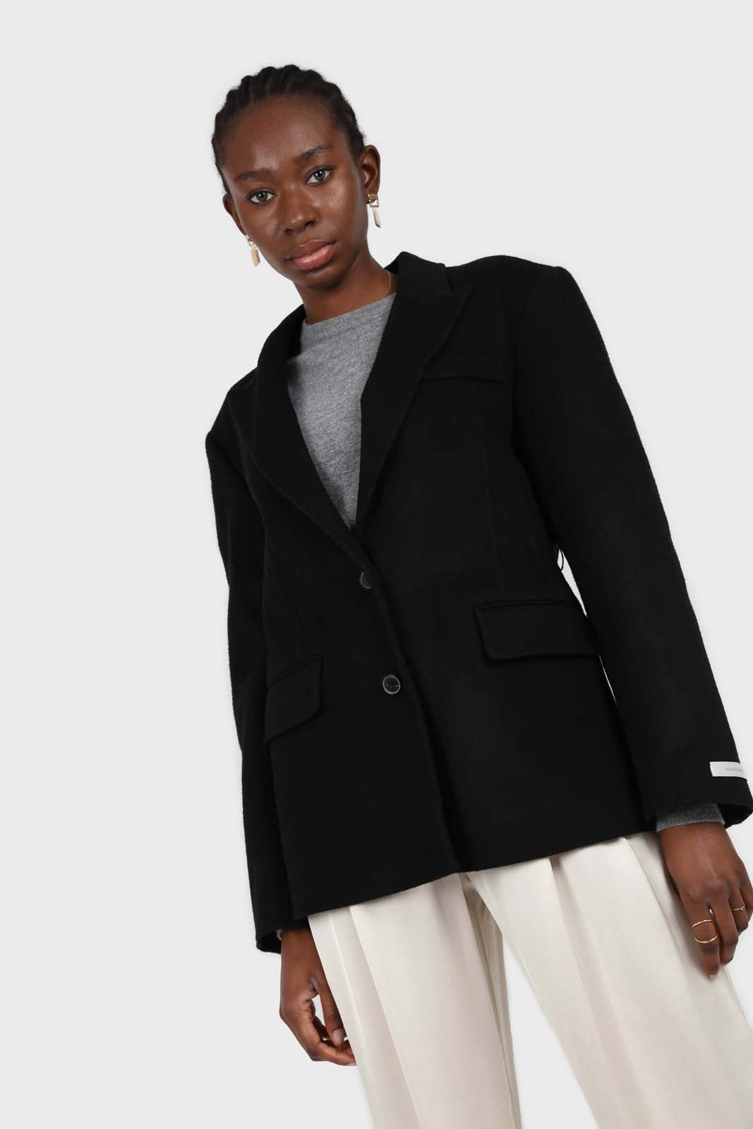 Black wool handmade tailored belted half coat_3