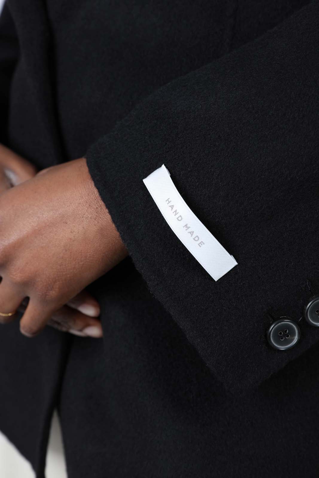 Black wool handmade tailored belted half coat_7