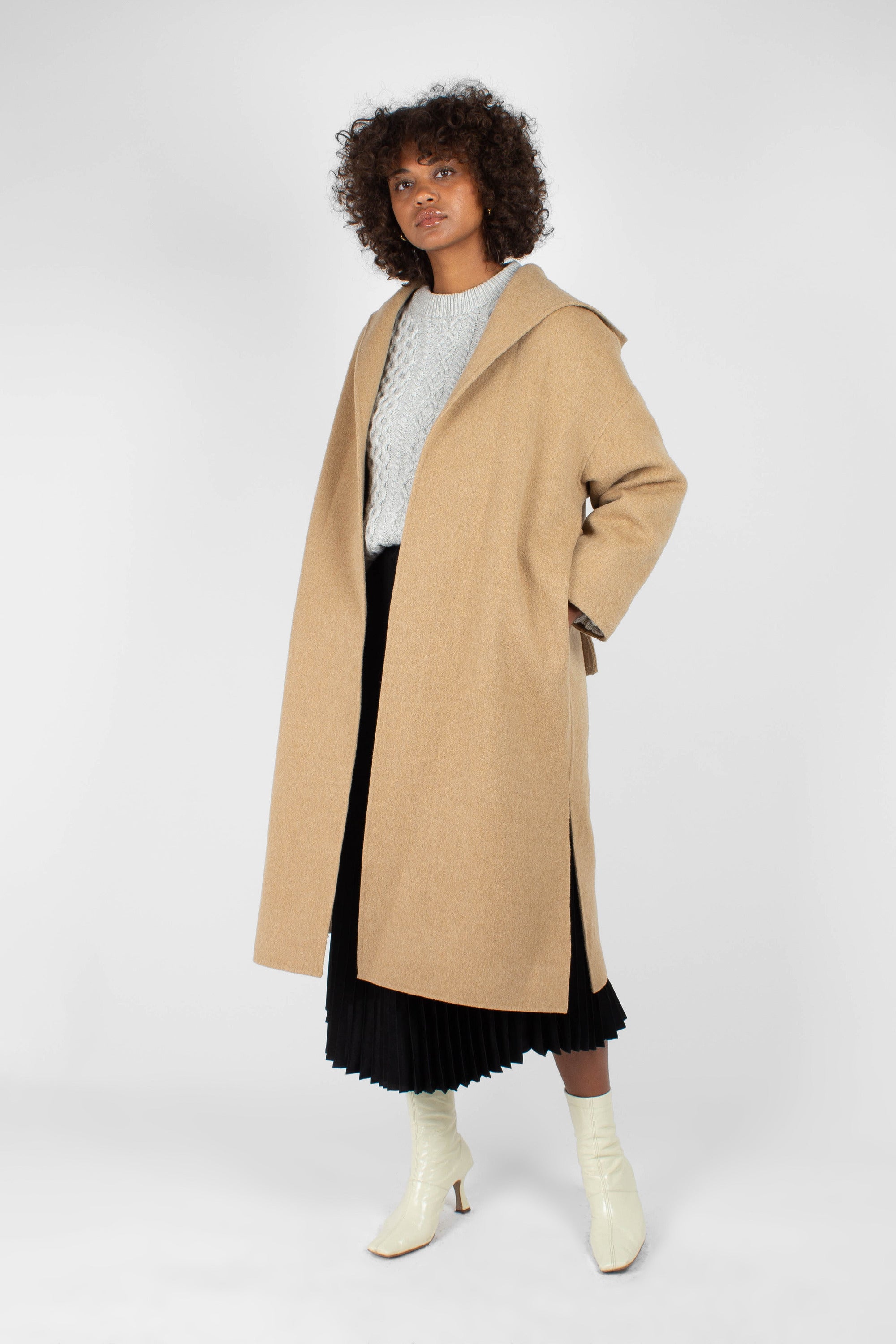 Camel wool handmade hooded long coat_1