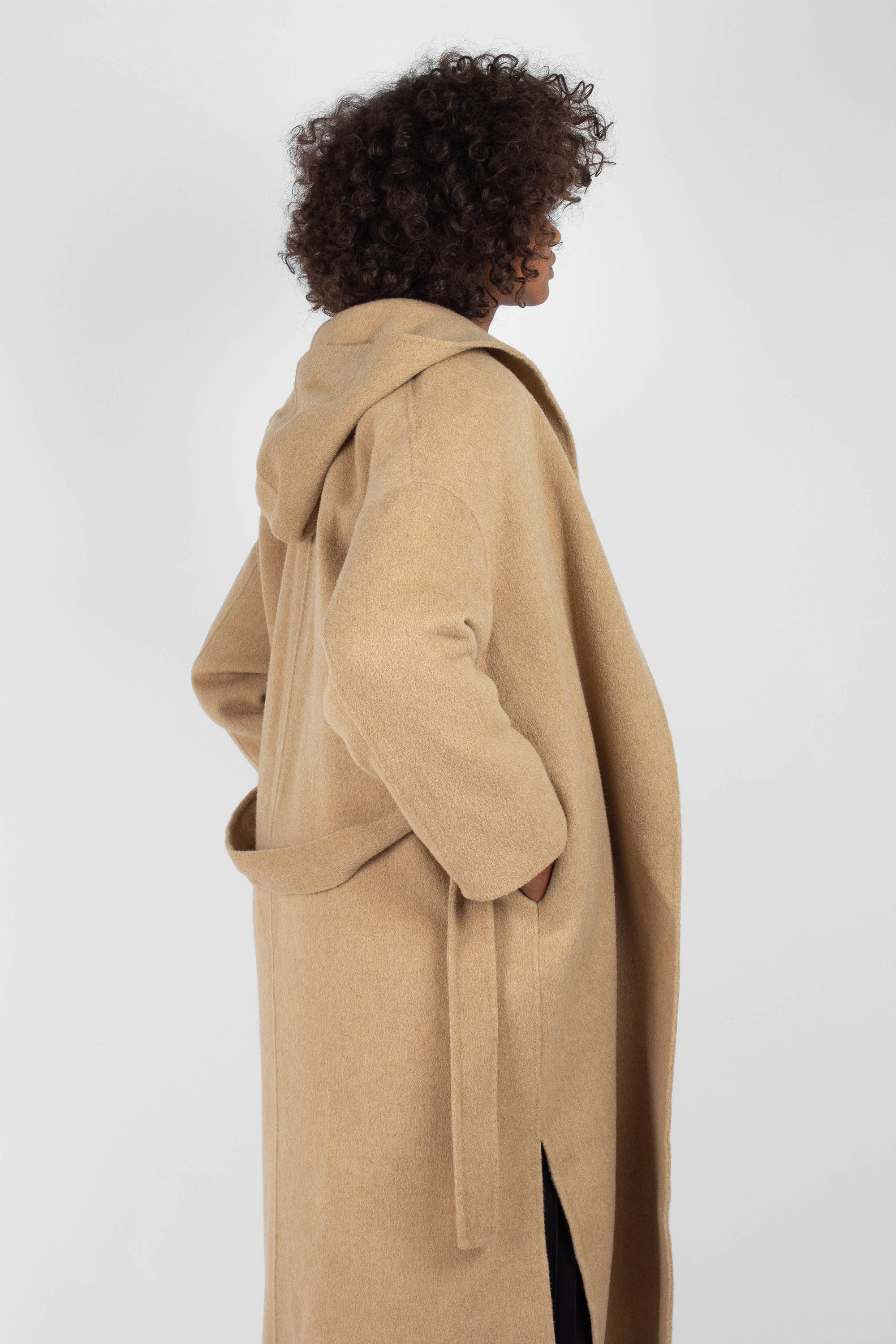 Camel wool handmade hooded long coat_4
