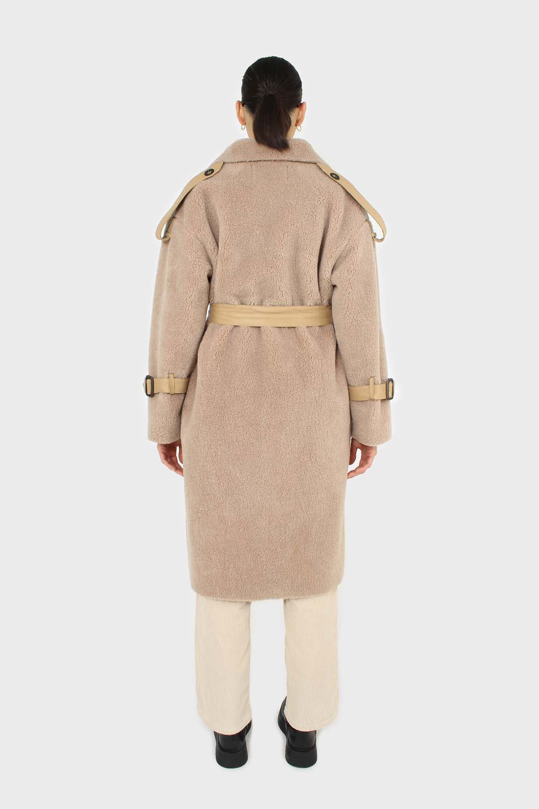 Beige vegan leather trim belted teddy coat_3