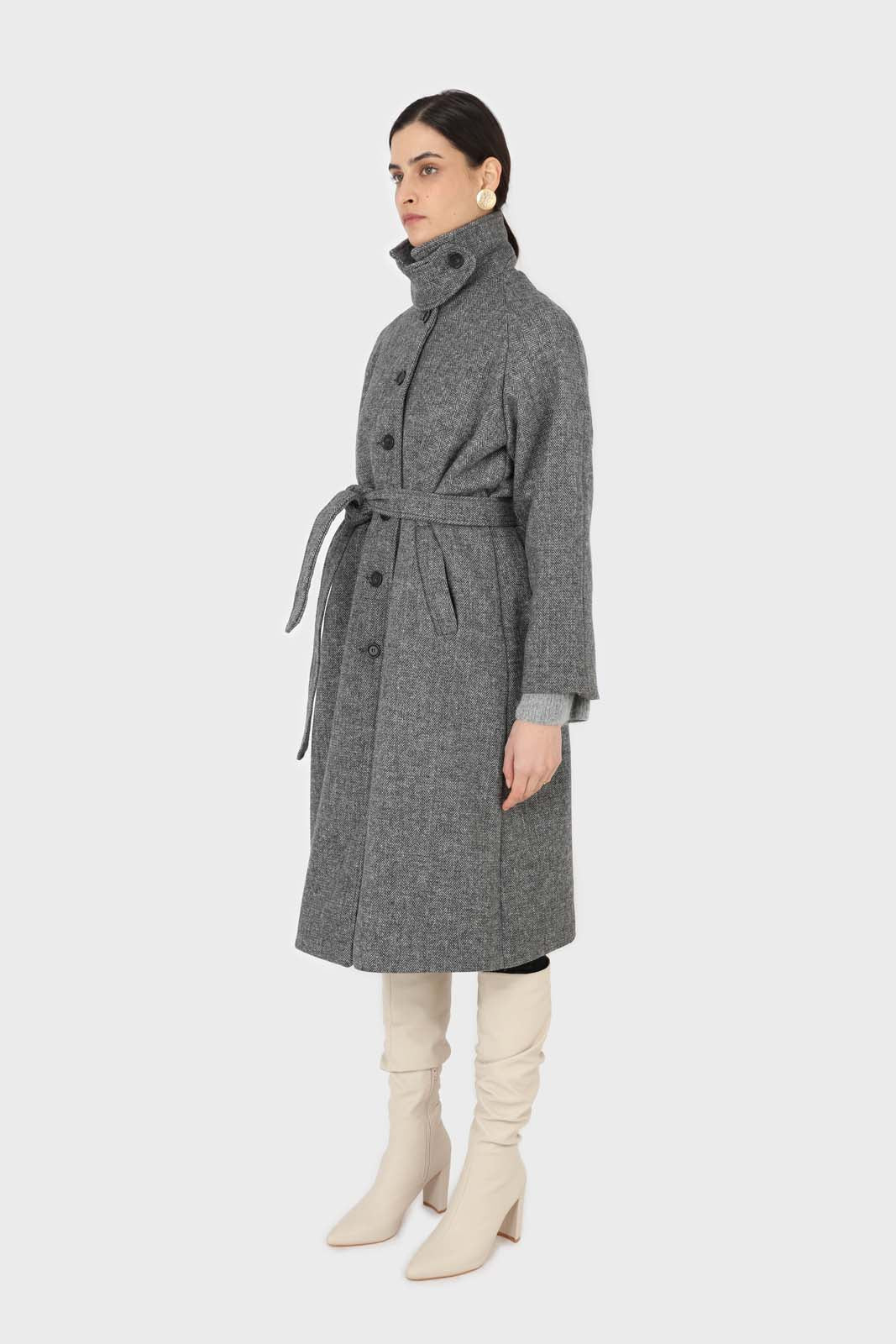 Black herringbone wool long coat_3