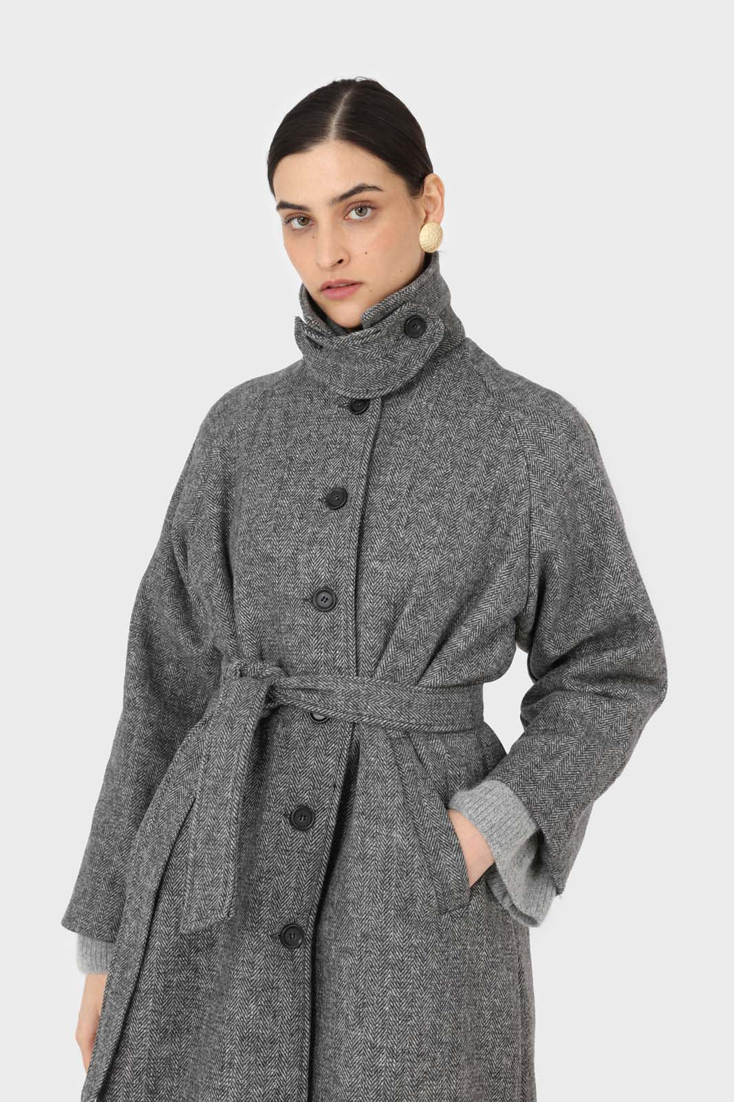 Black herringbone wool long coat_2