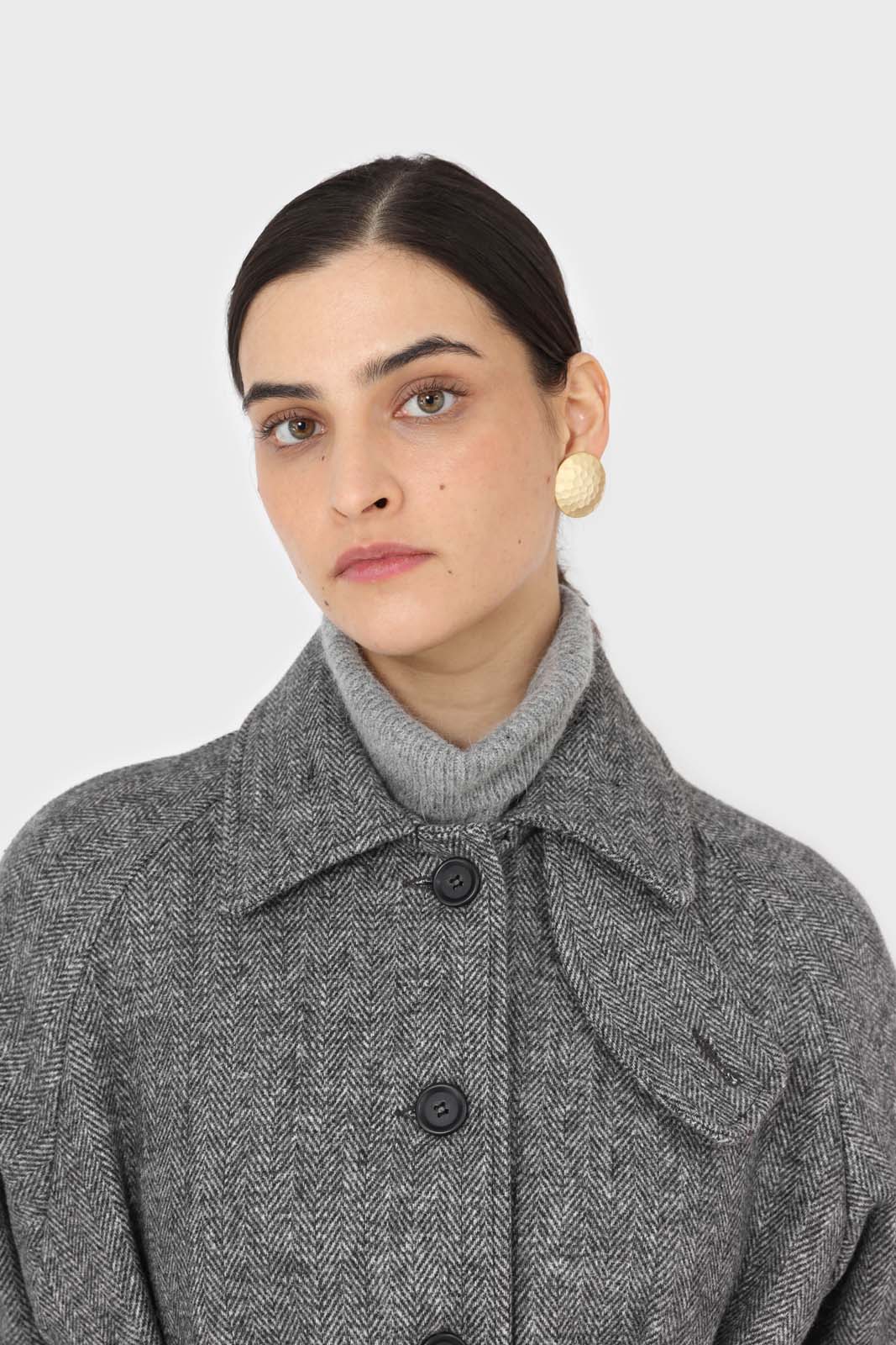 Black herringbone wool long coat_4