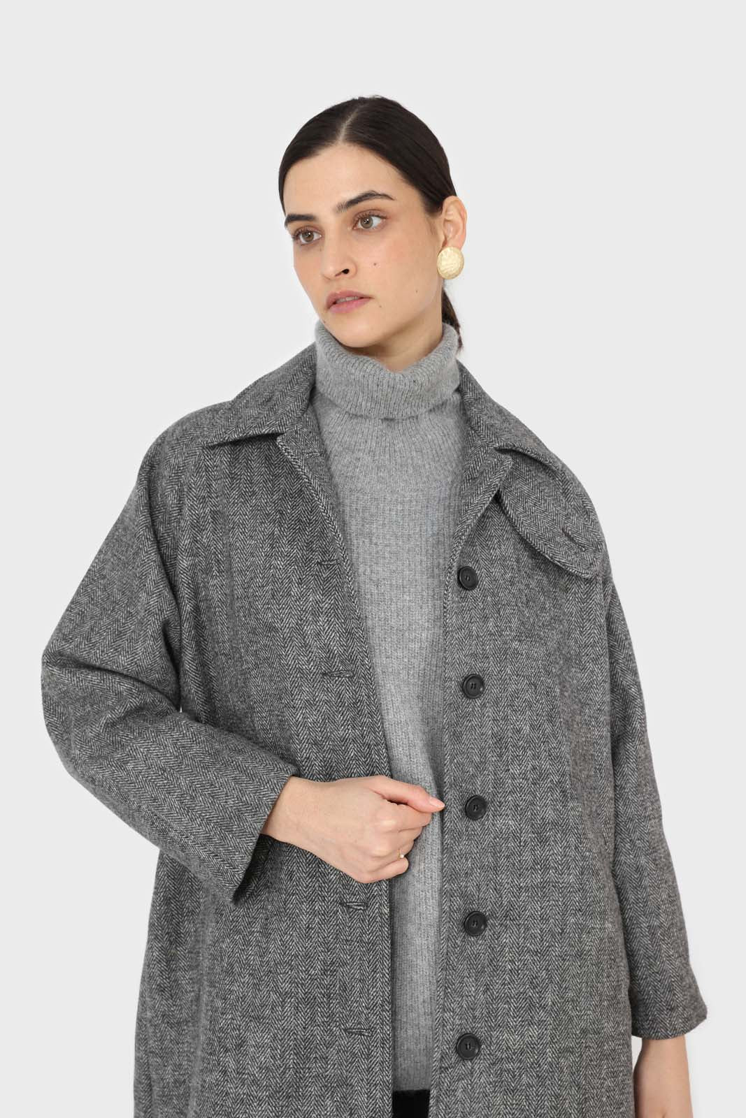 Black herringbone wool long coat_5