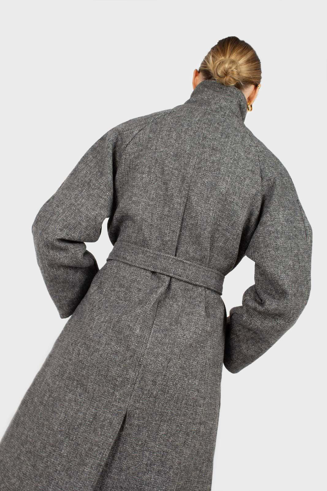 Black herringbone wool long coat_7