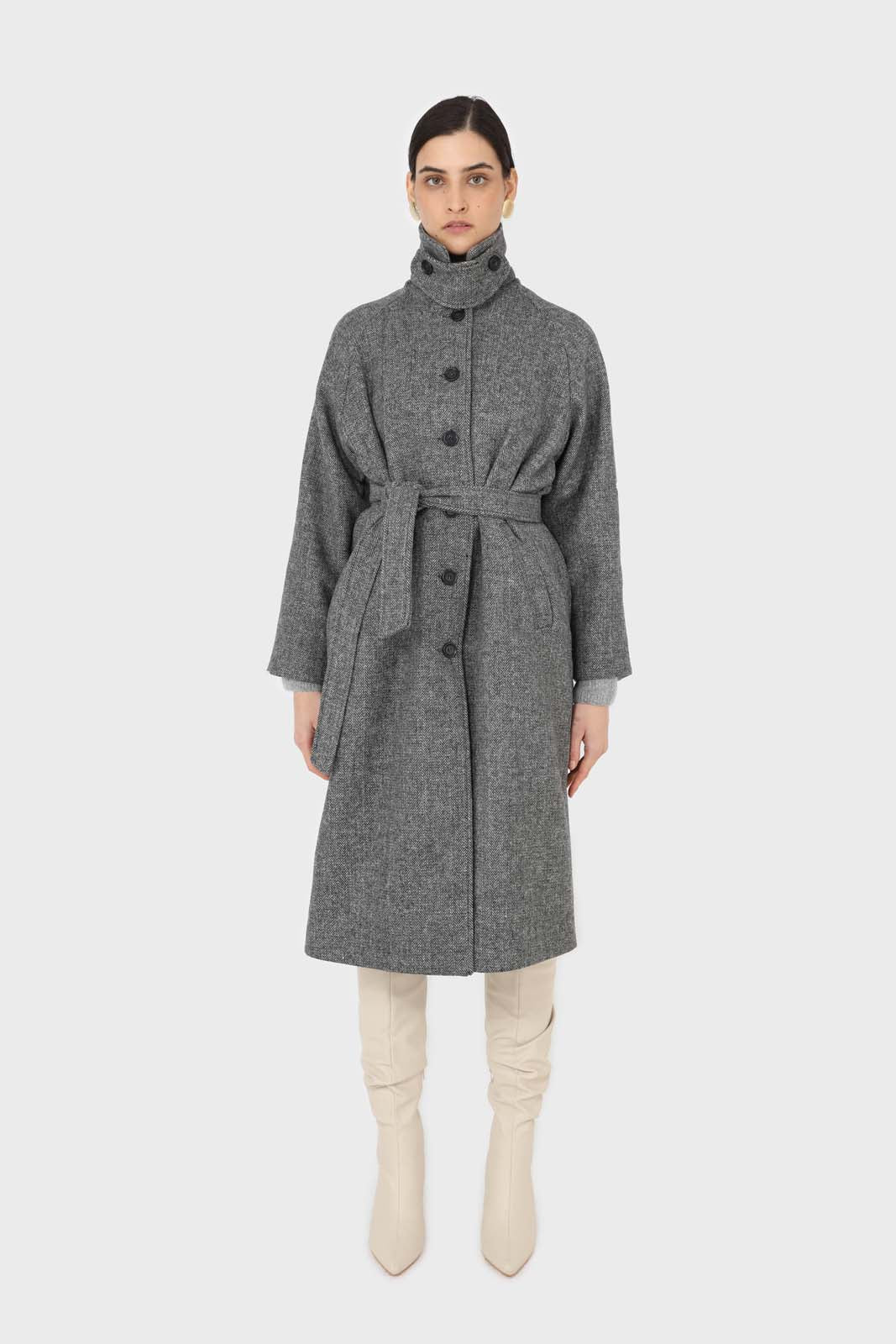 Black herringbone wool long coat_1