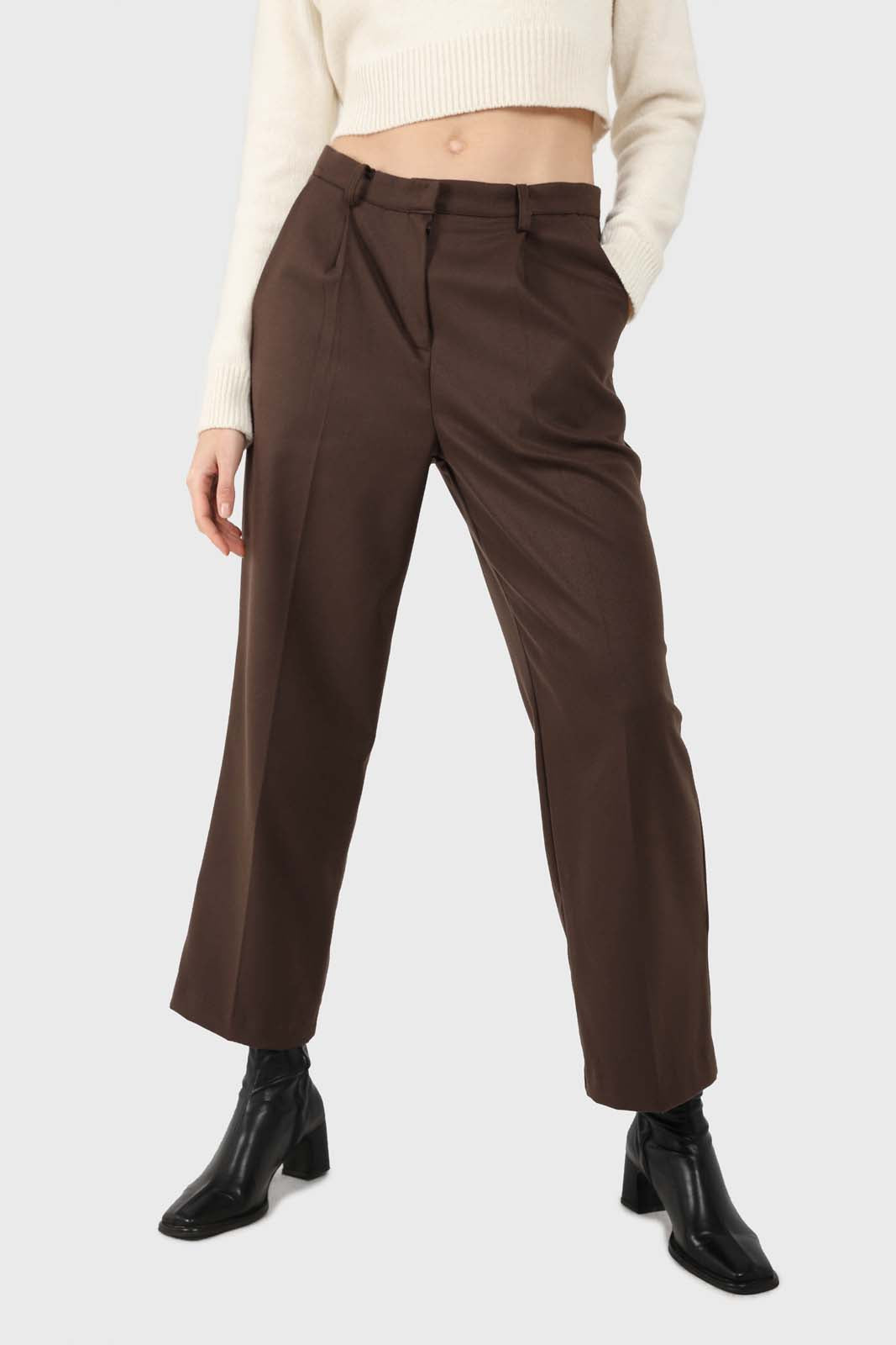Brown wool tucked tailored trousers_1