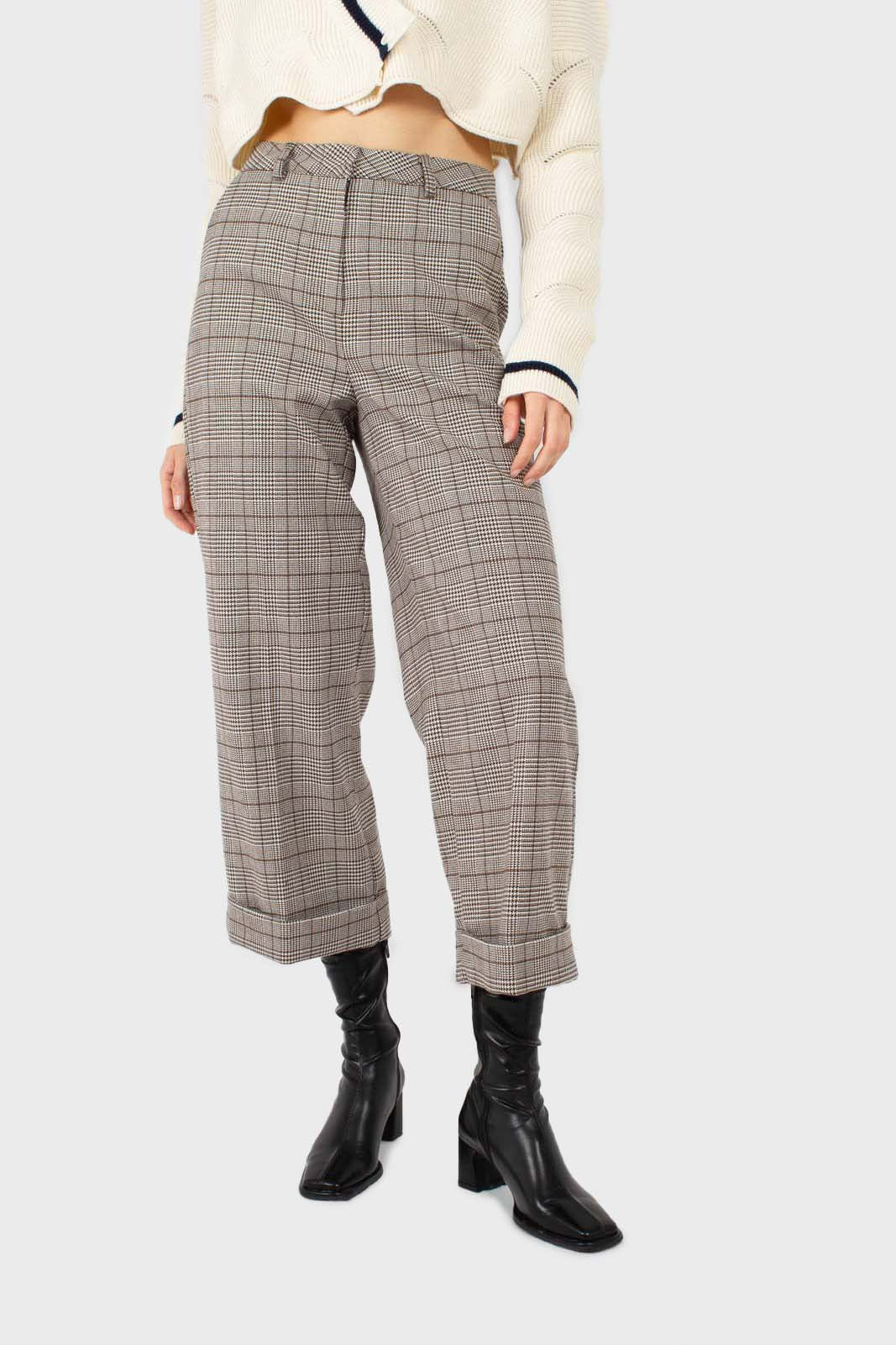 Brown checked turnup wool trousers_1