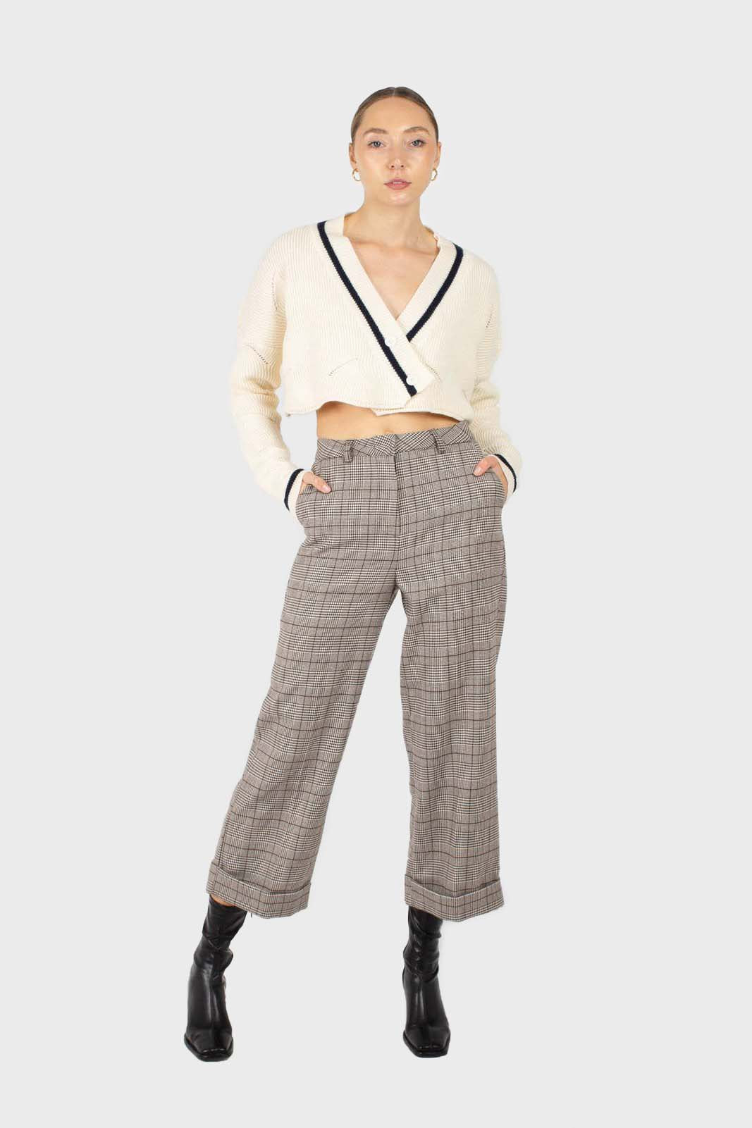 Brown checked turnup wool trousers_2