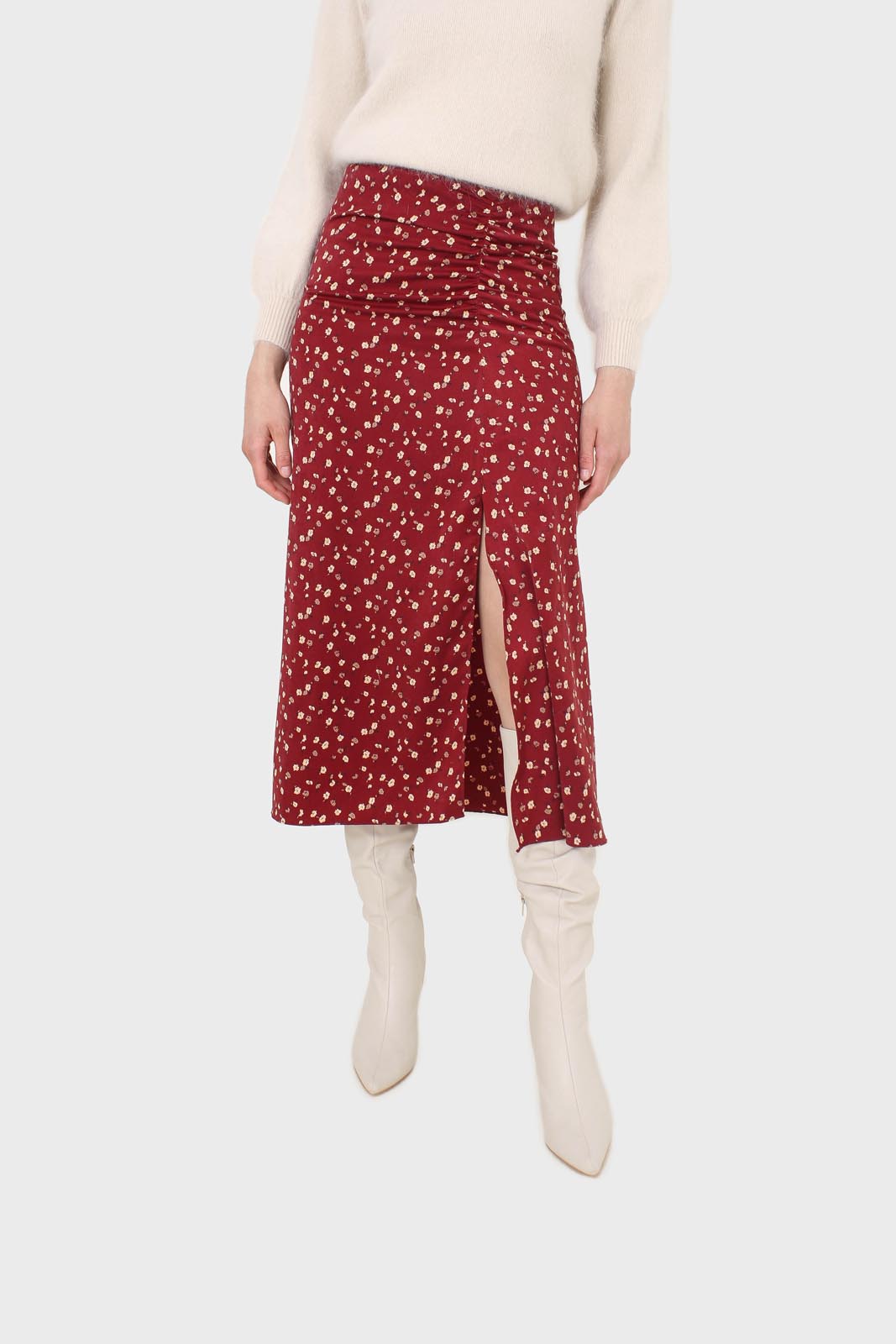 Red and yellow floral side shirring midi skirt_1