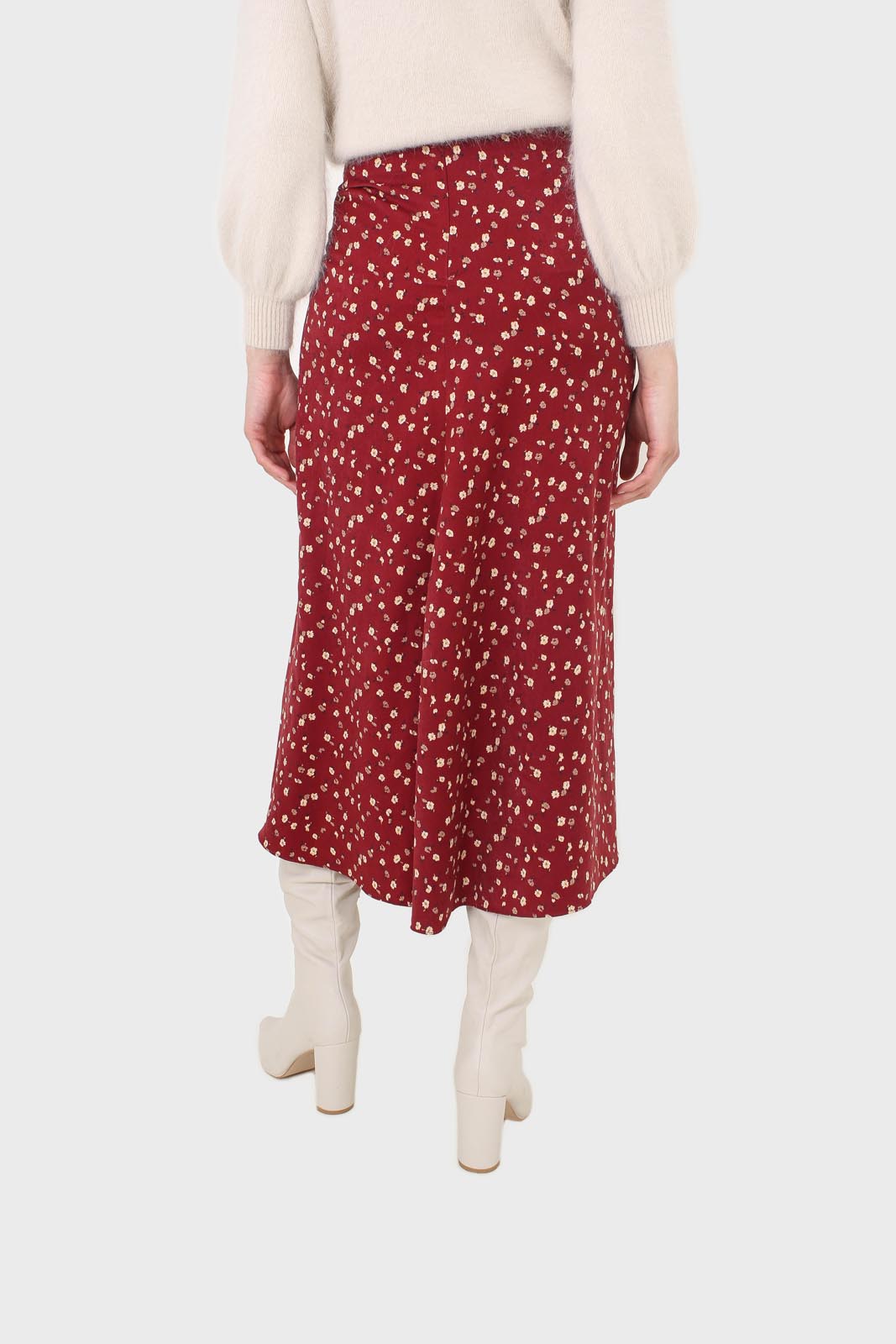 Red and yellow floral side shirring midi skirt_2