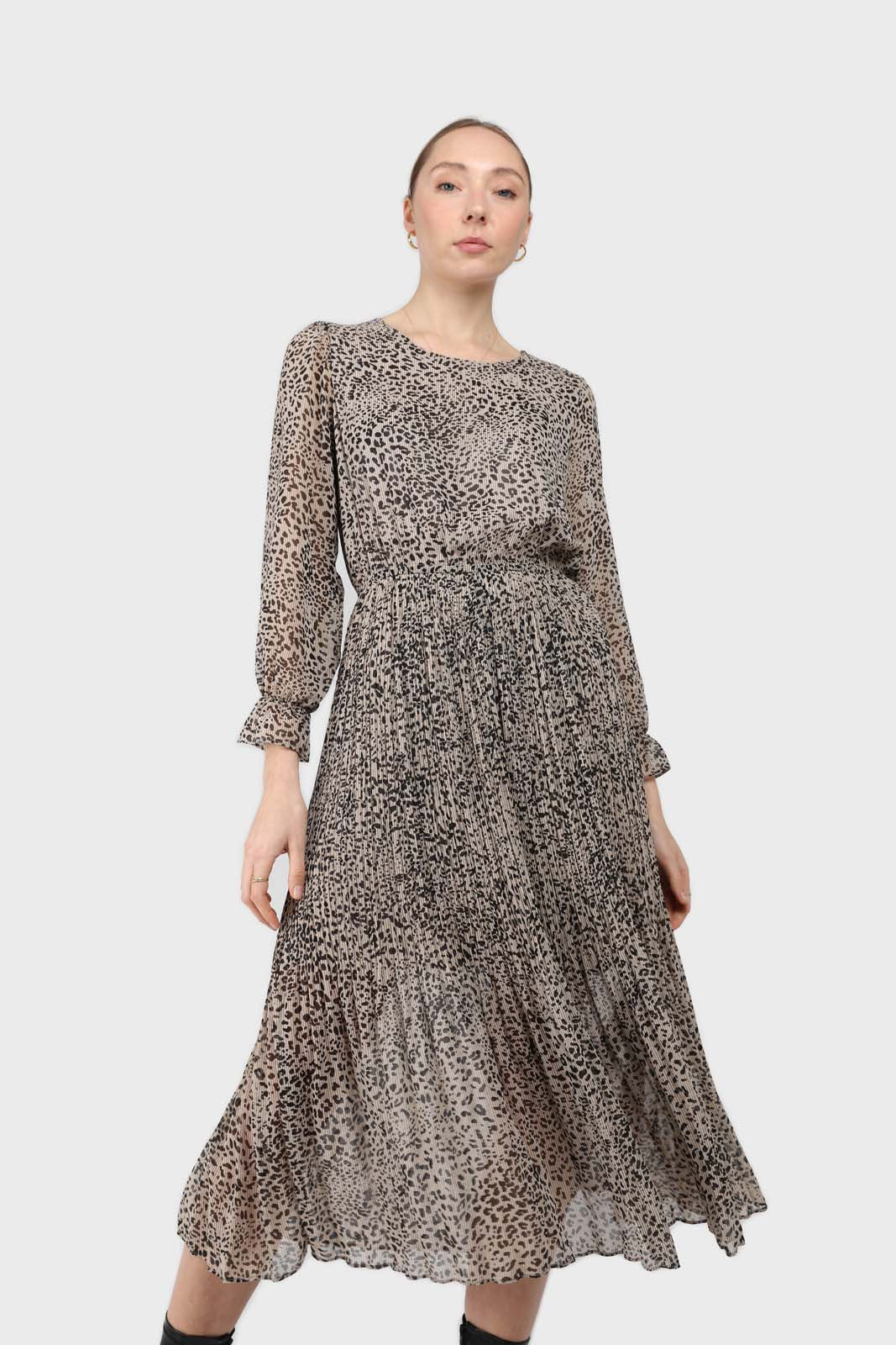 Grey animal print silky micro pleat long sleeved maxi dress_1