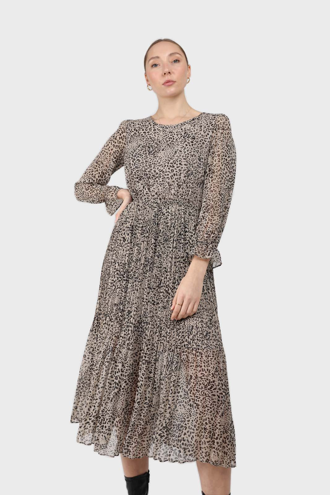 Grey animal print silky micro pleat long sleeved maxi dress_2