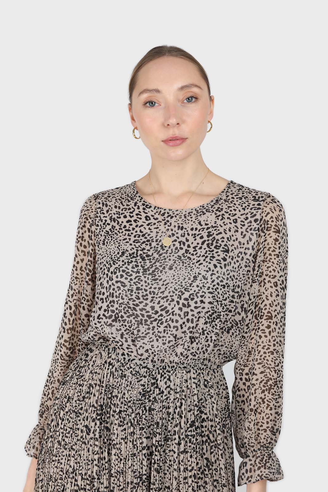 Grey animal print silky micro pleat long sleeved maxi dress_3