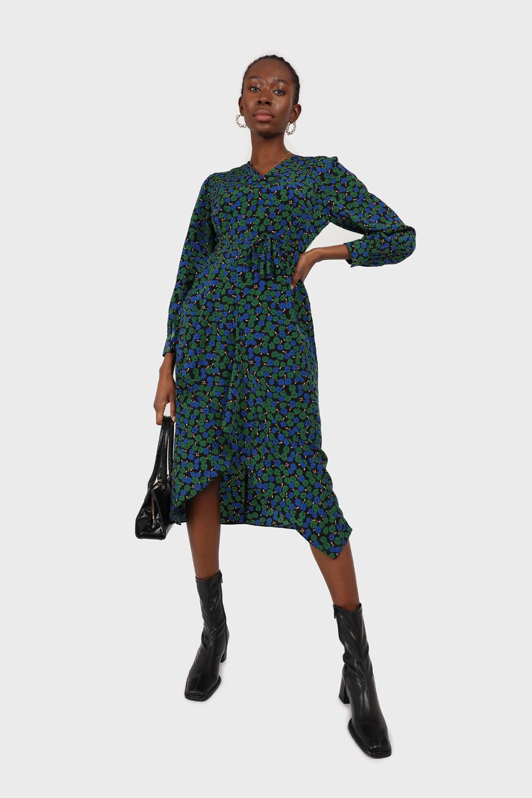 Green and teal floral wrap style maxi dress_1