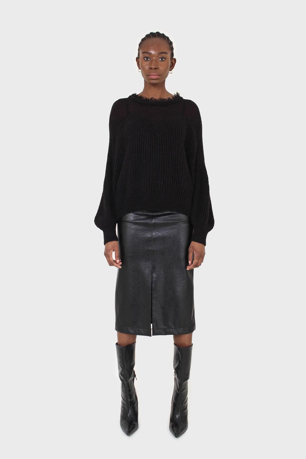 Black ribbed corset ruffle neck jumper_3