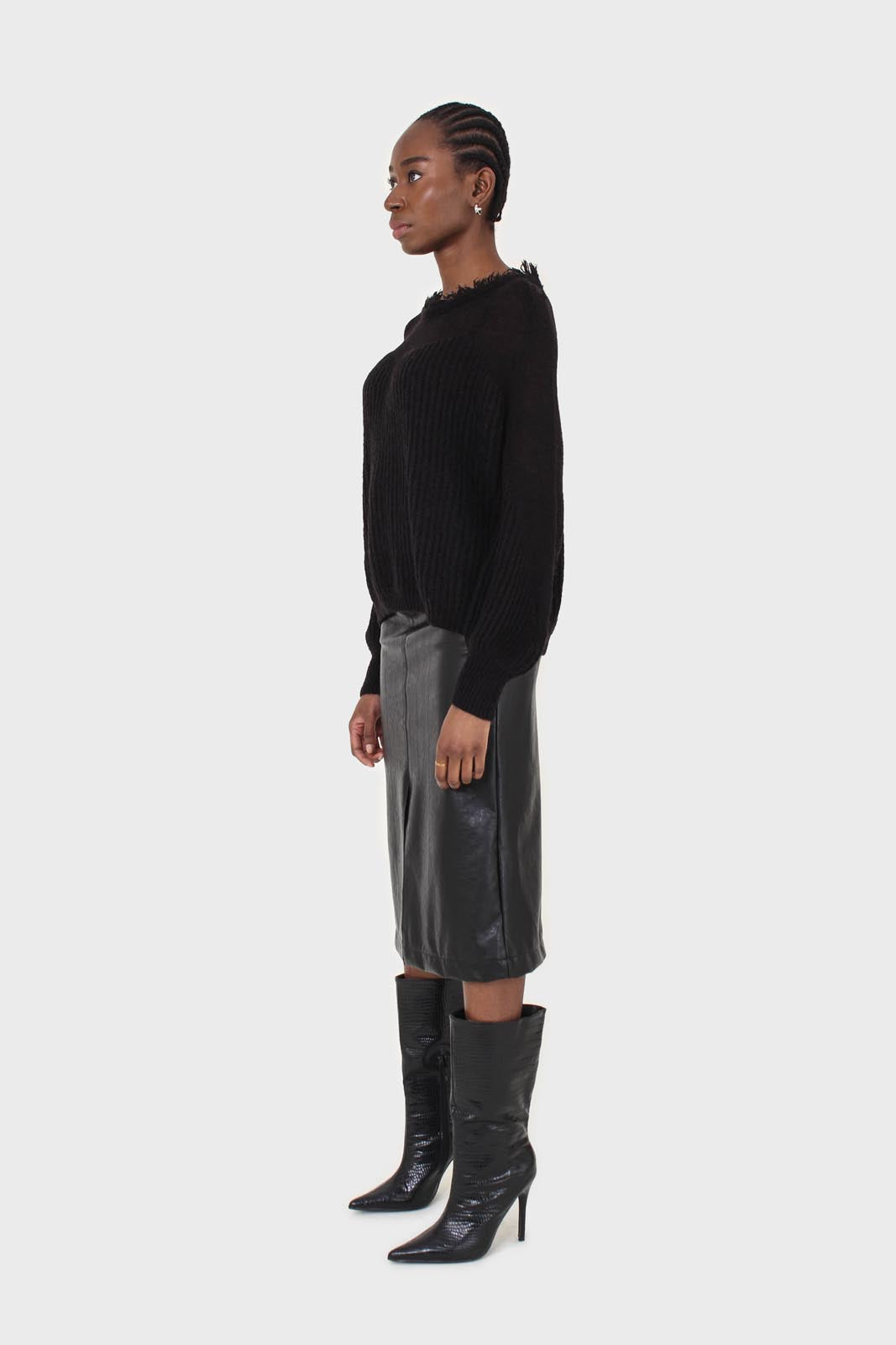 Black ribbed corset ruffle neck jumper_4