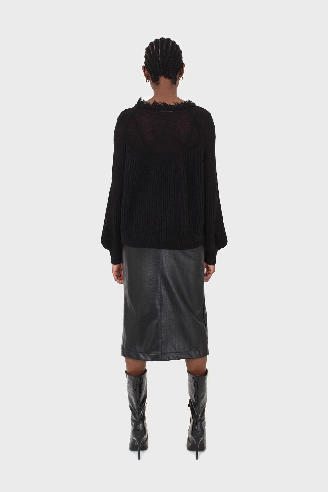 Black ribbed corset ruffle neck jumper_5