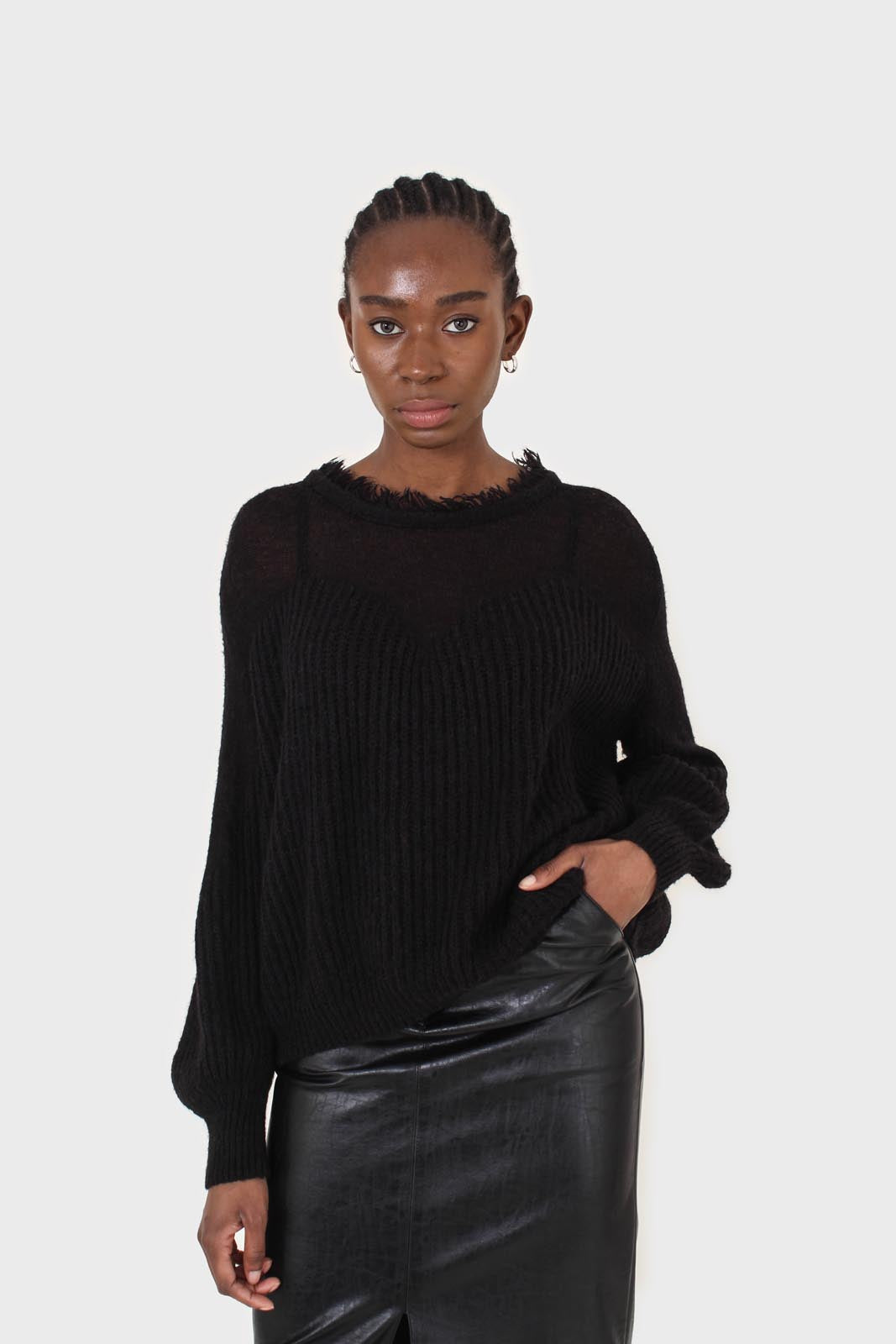 Black ribbed corset ruffle neck jumper_7