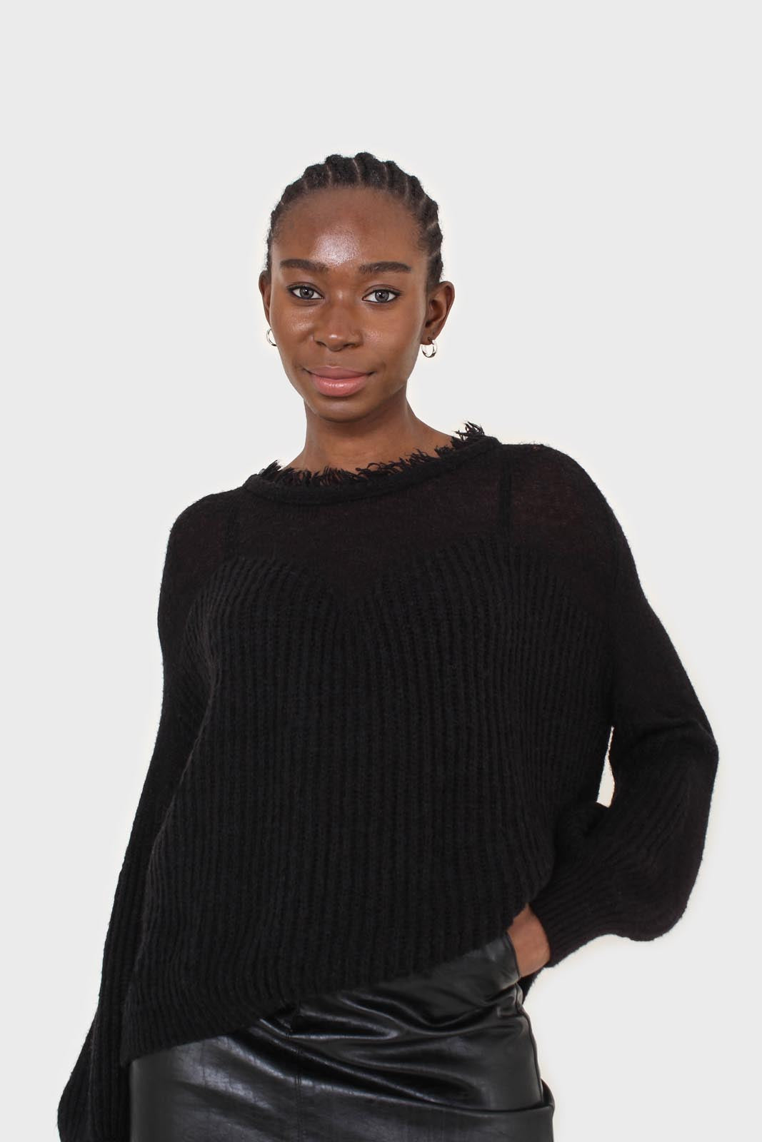 Black ribbed corset ruffle neck jumper_8