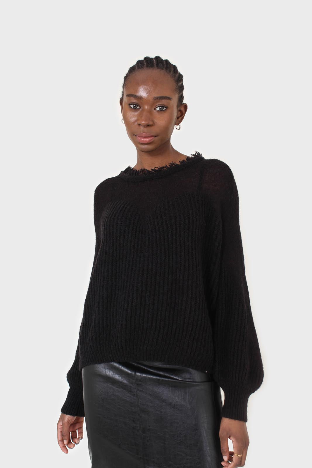 Black ribbed corset ruffle neck jumper_1