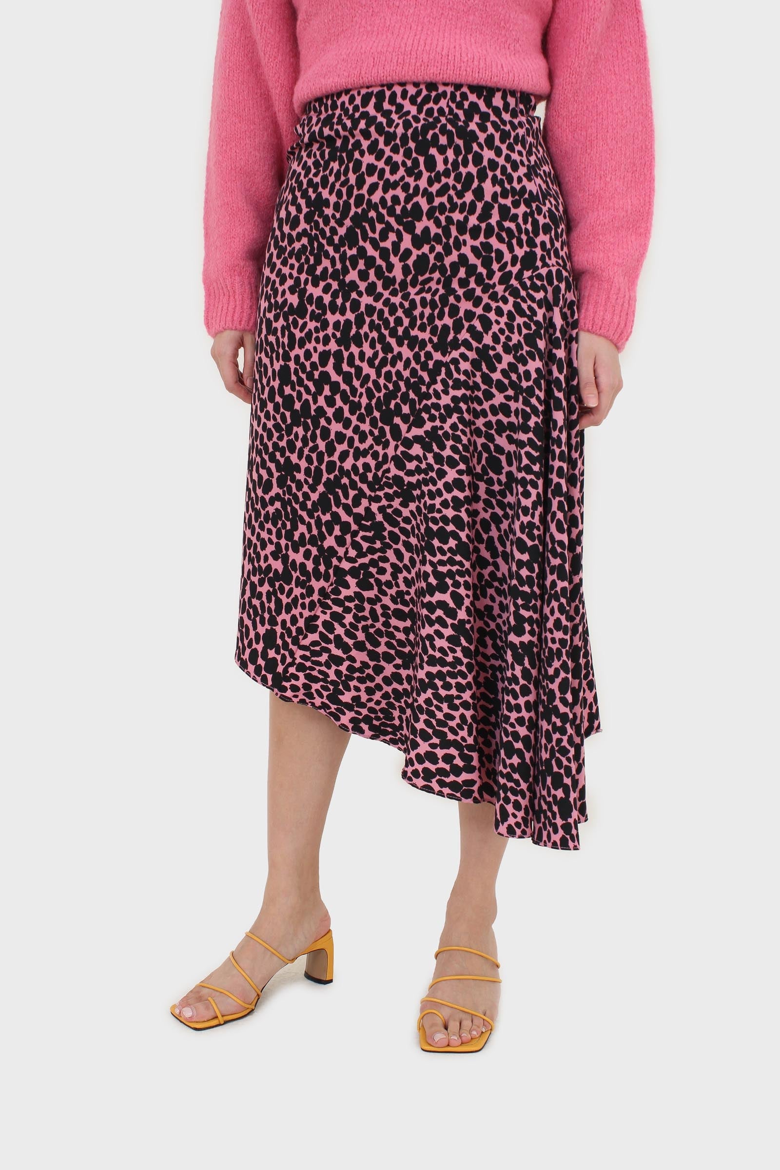 Pink and black animal print asymmetric hem skirt_1
