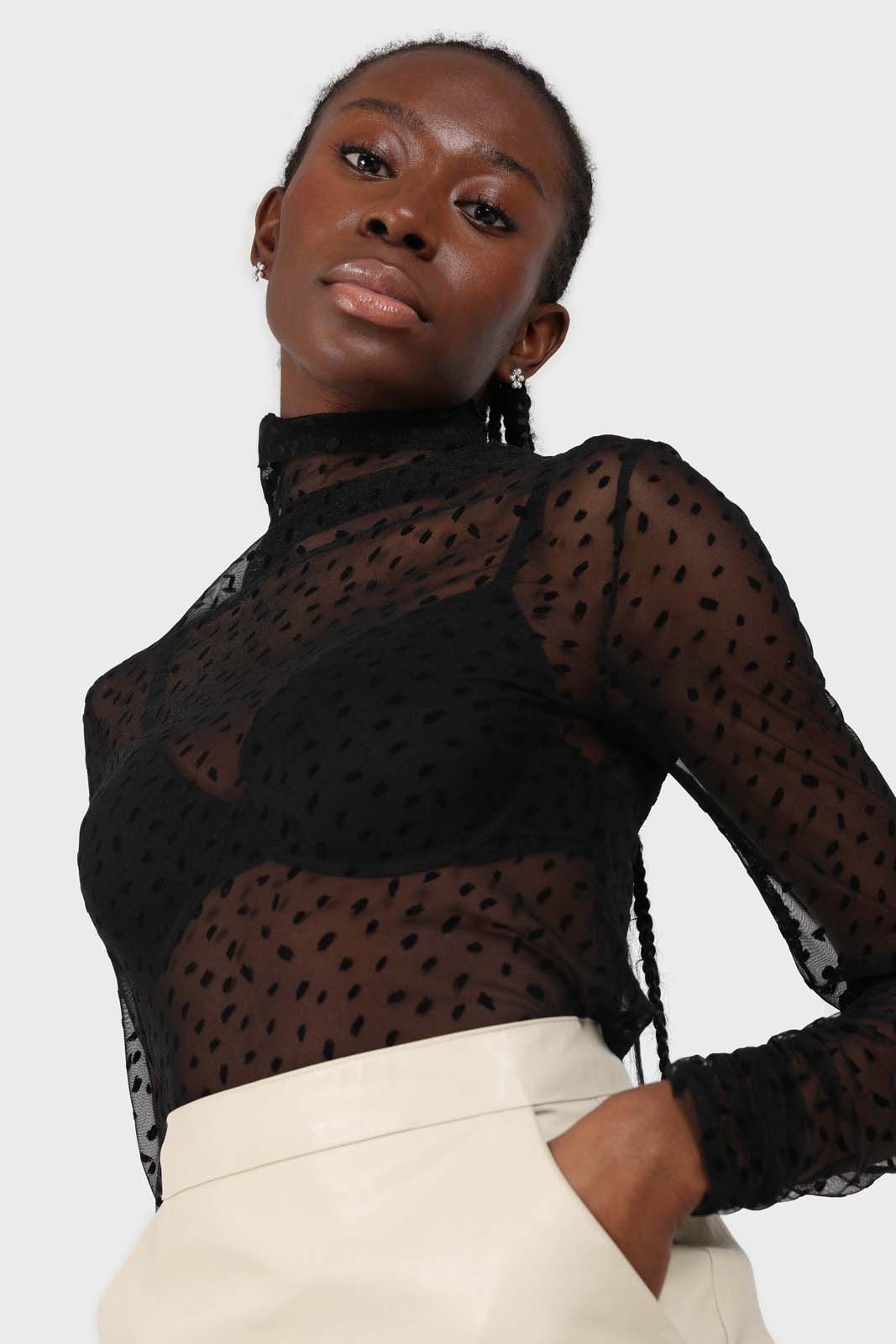 All black flecked sheer long sleeved top_1