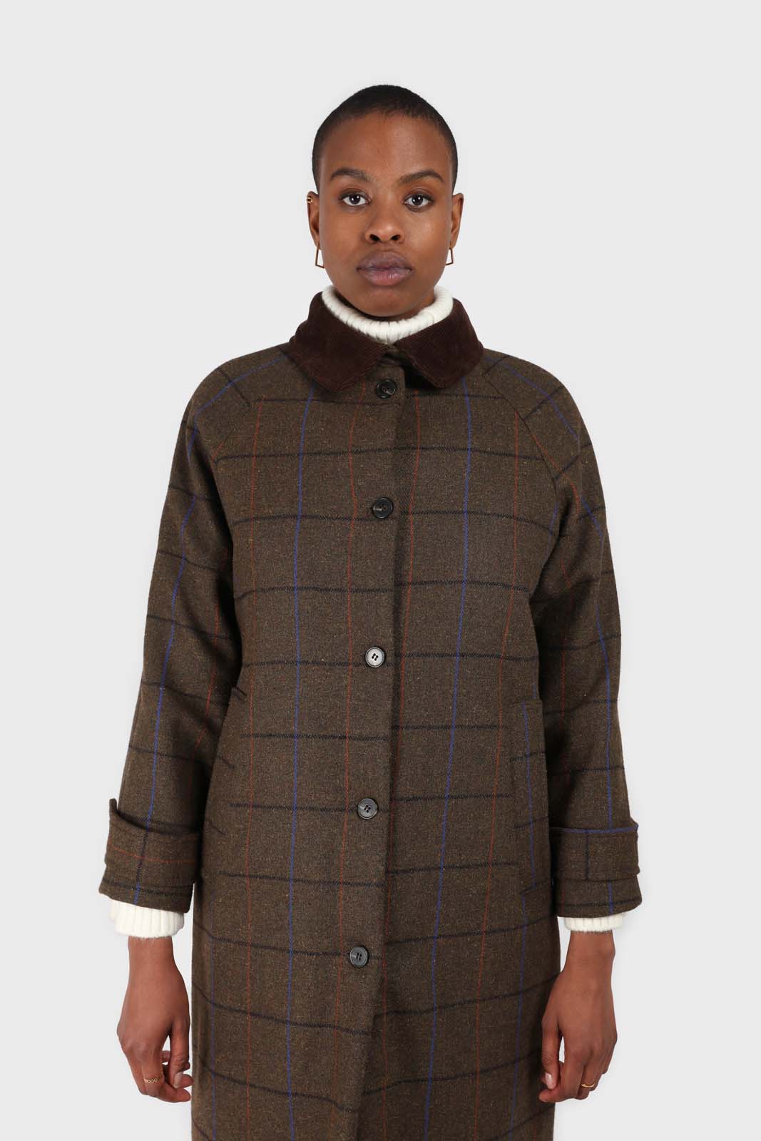 Khaki orange and cobalt box check corduroy collar wool-blend coat_6