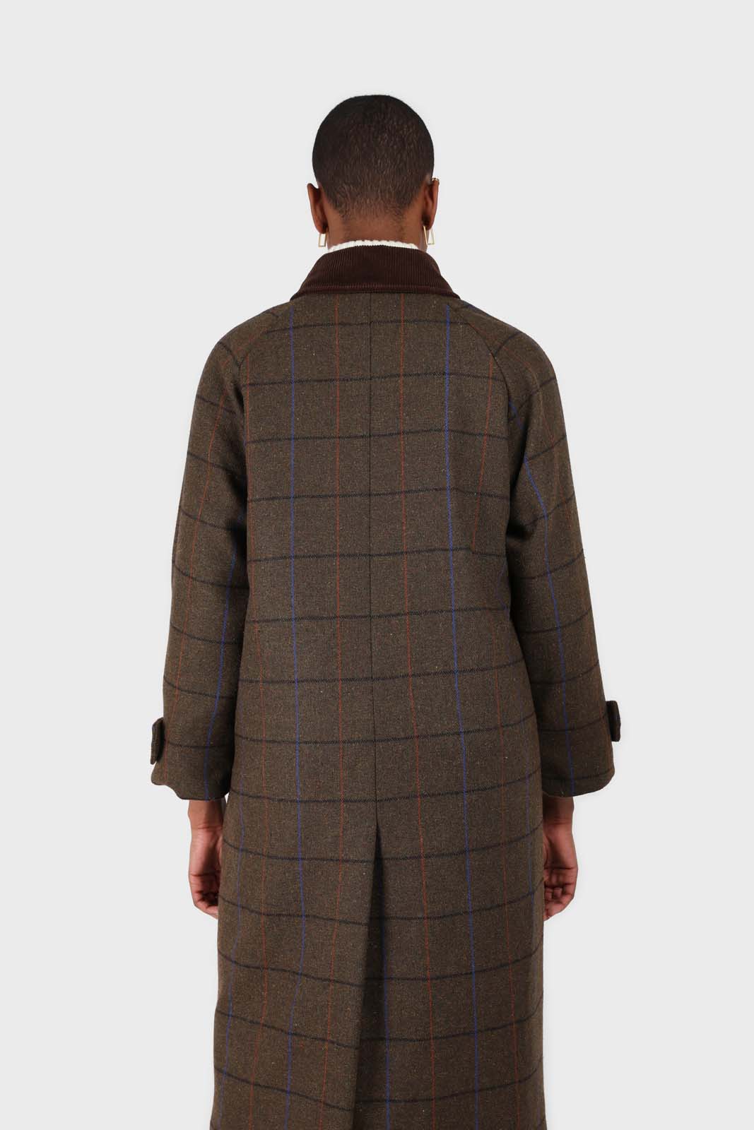 Khaki orange and cobalt box check corduroy collar wool-blend coat_7
