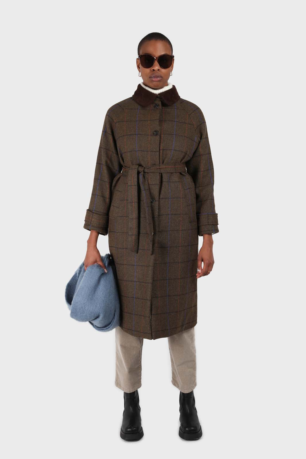Khaki orange and cobalt box check corduroy collar wool-blend coat_1