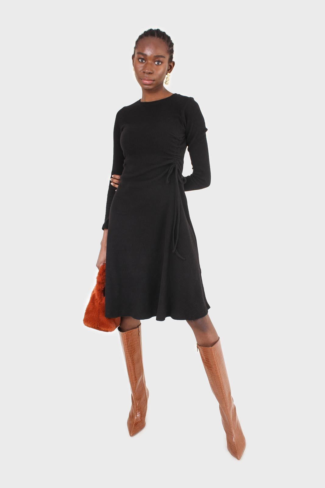 Black long sleeved ruched tie midi dress_1