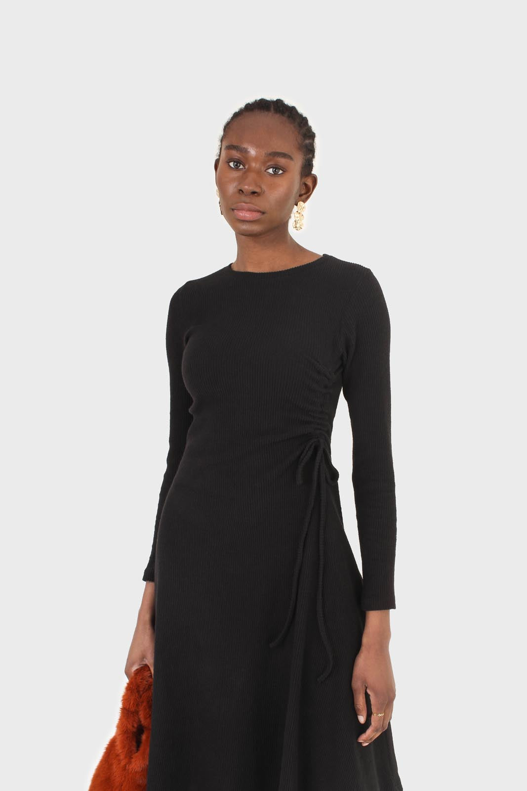Black long sleeved ruched tie midi dress_7