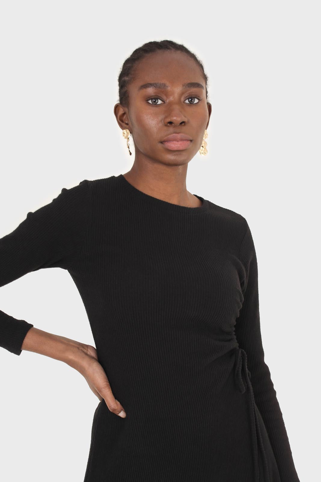 Black long sleeved ruched tie midi dress_6