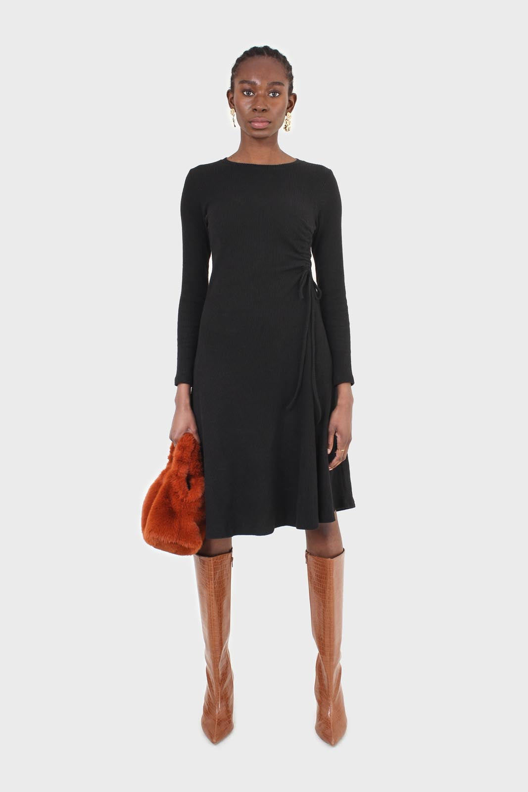 Black long sleeved ruched tie midi dress_5