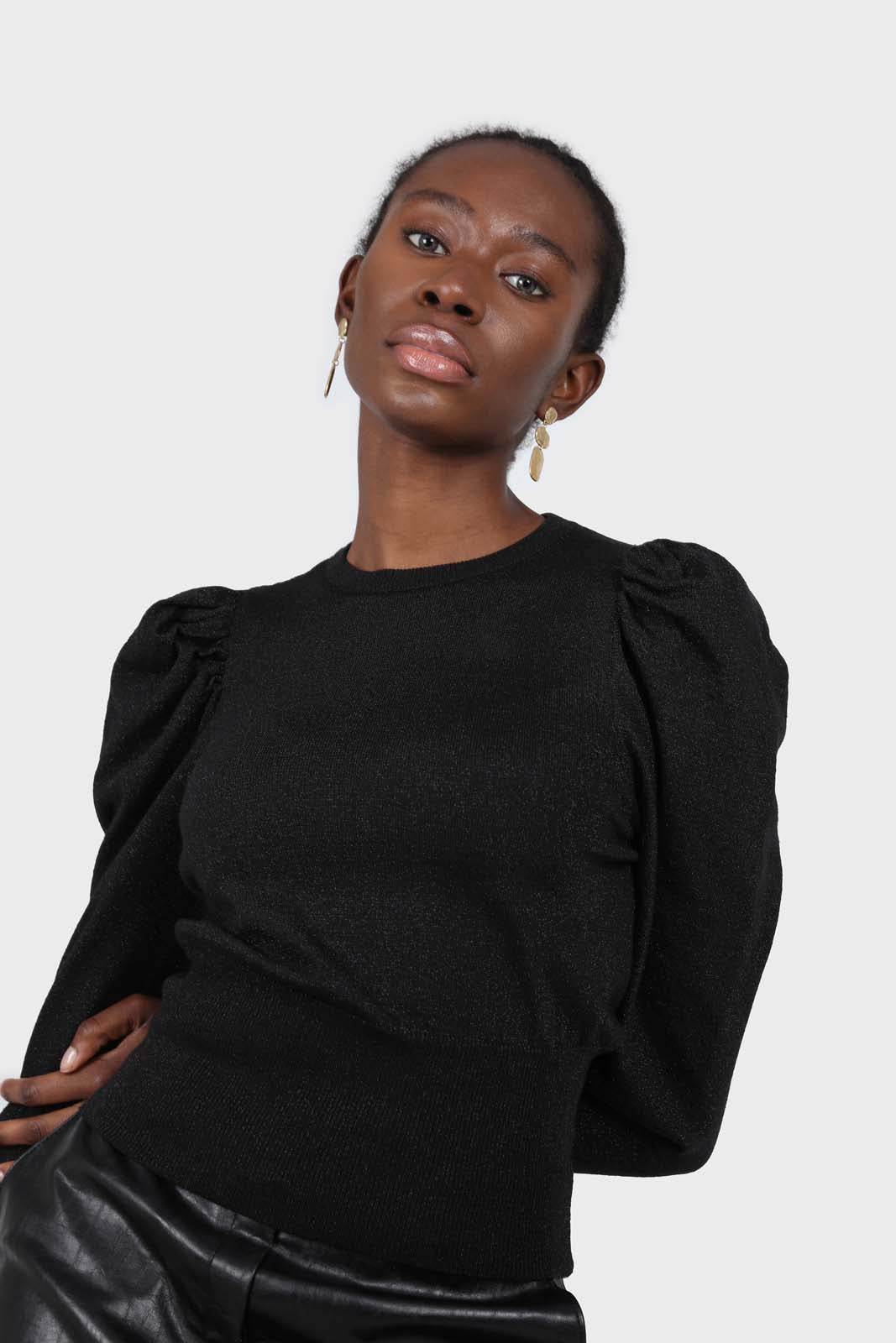 Black glitter balloon sleeve knit top_1